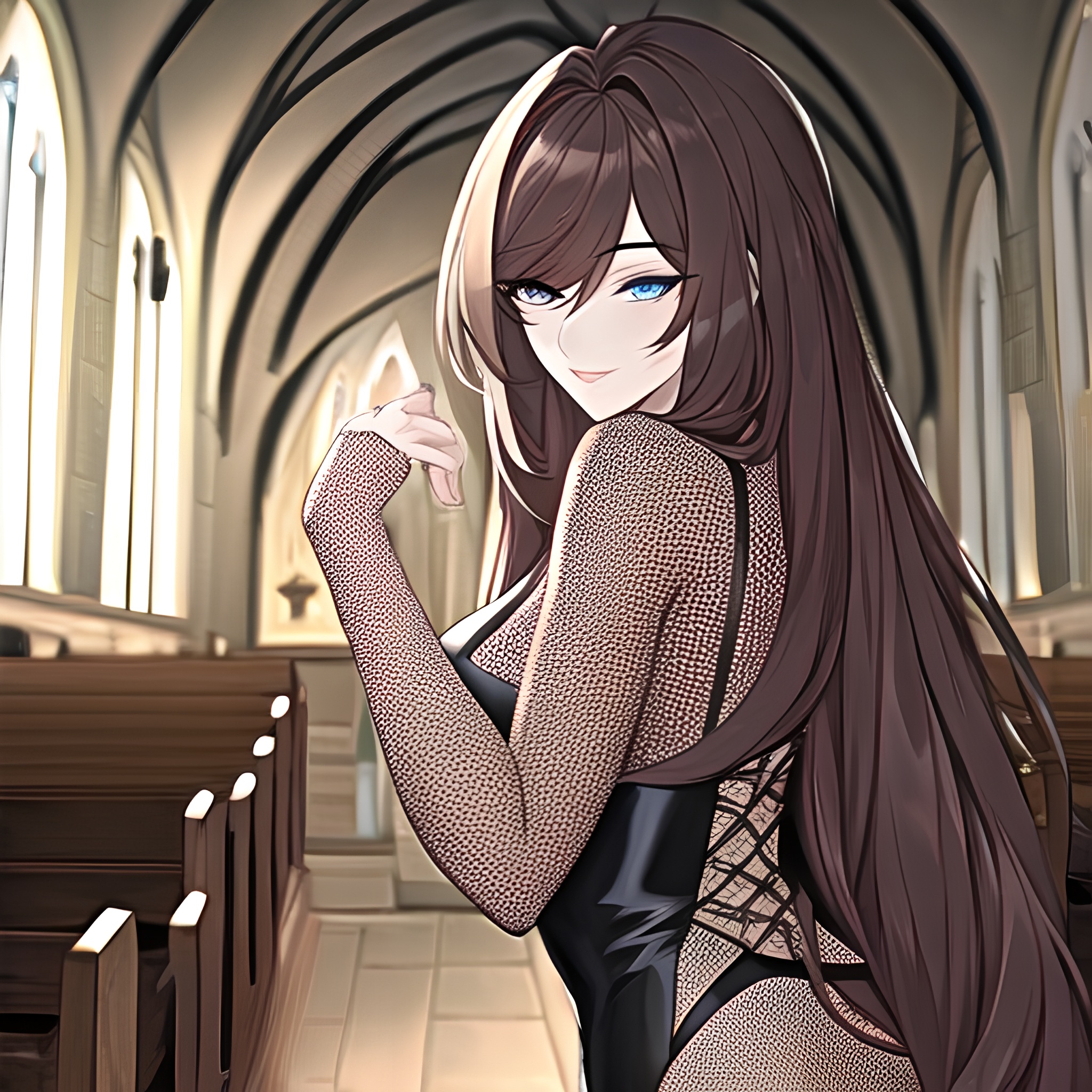 long hair messy hair fishnet brunette church woman 