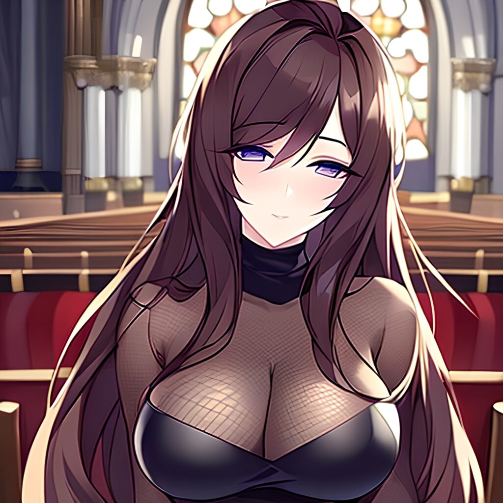 long hair messy hair fishnet brunette woman church 