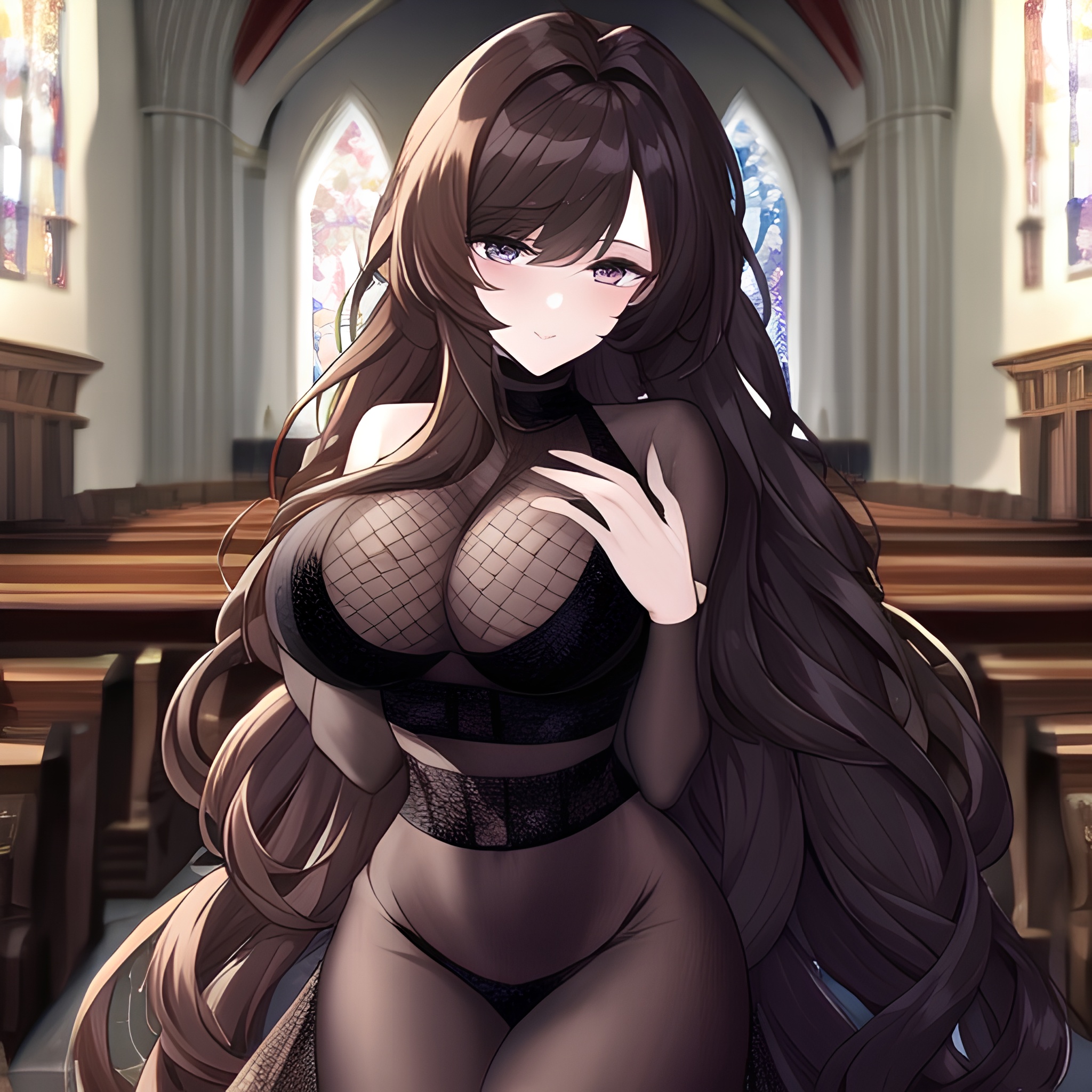 long hair messy hair fishnet brunette woman church
