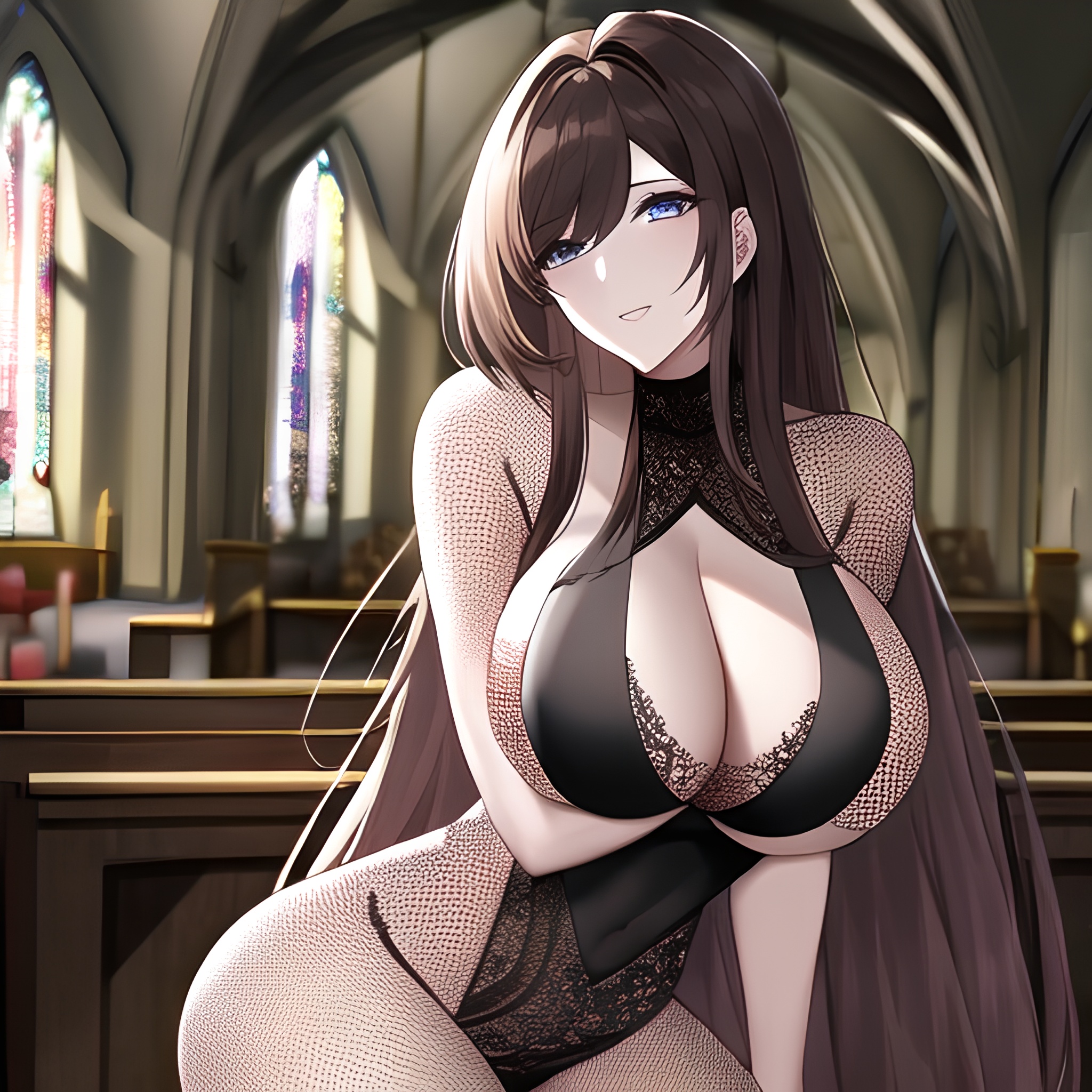 long hair messy hair fishnet church brunette woman 