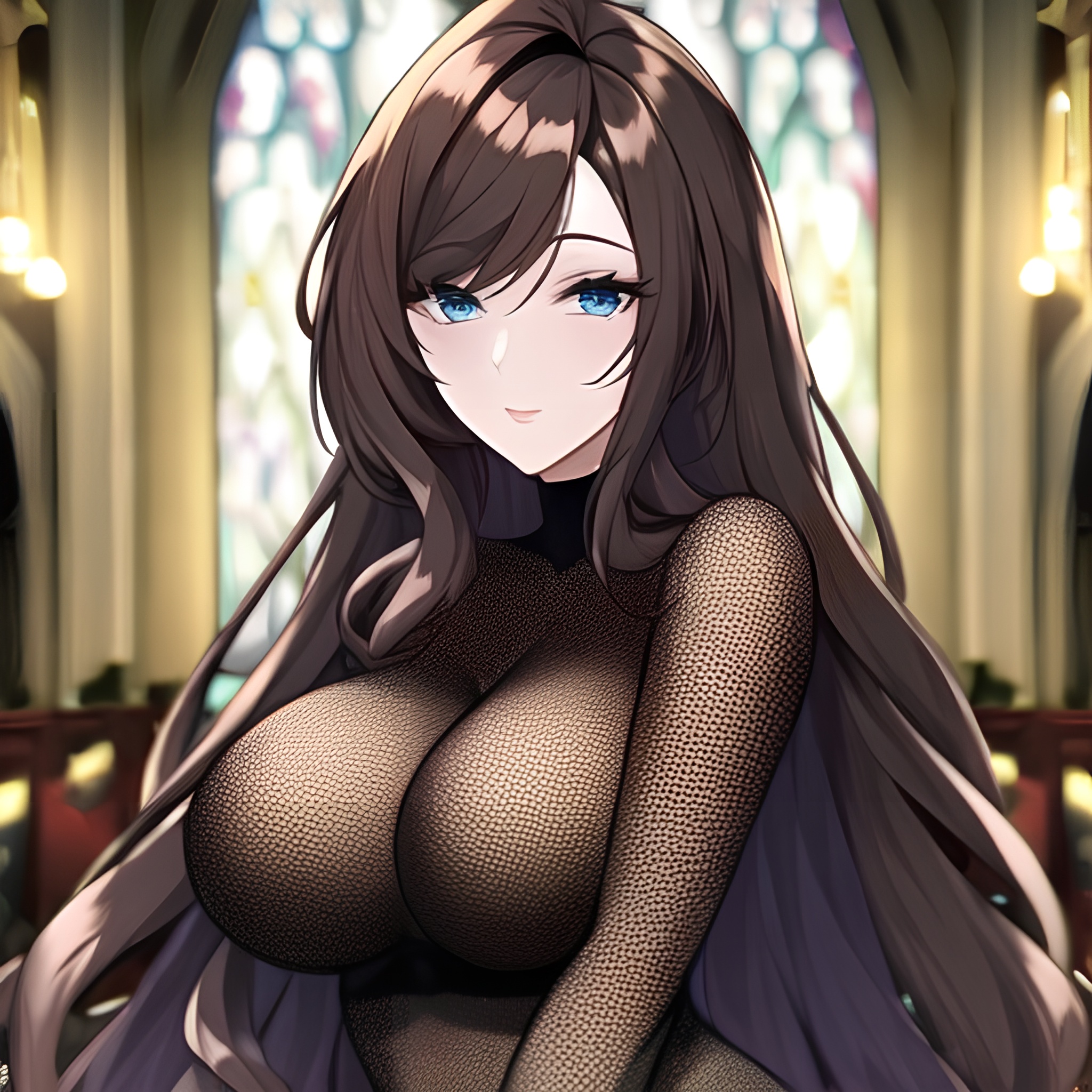 long hair messy hair fishnet church woman brunette 