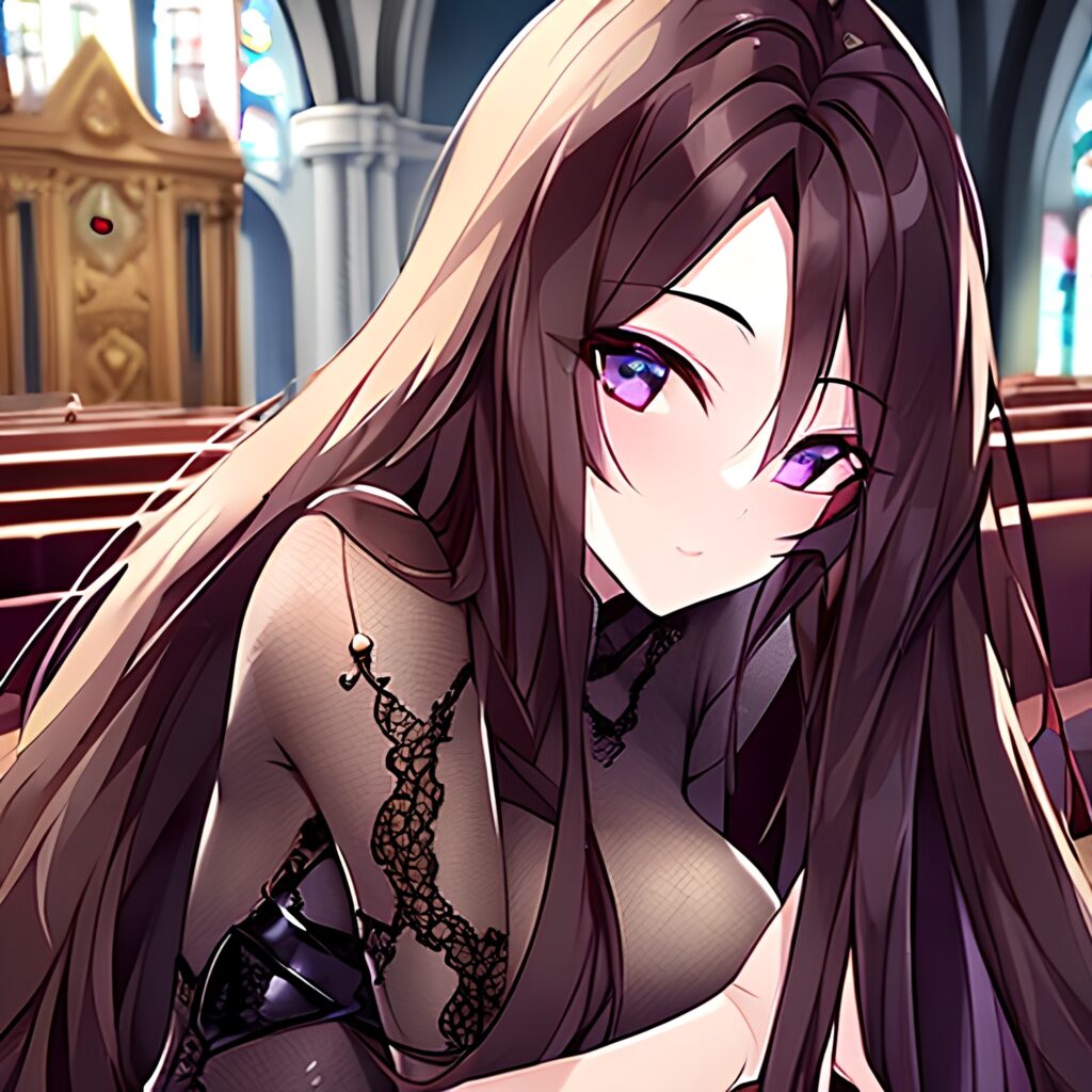 long hair messy hair fishnet church woman brunette 