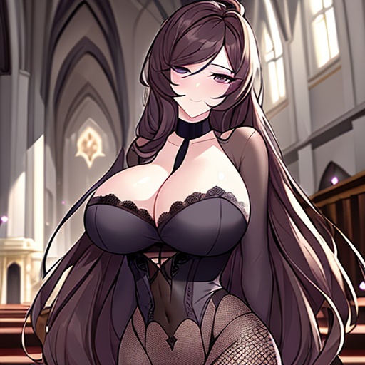 long hair messy hair fishnet church woman brunette 