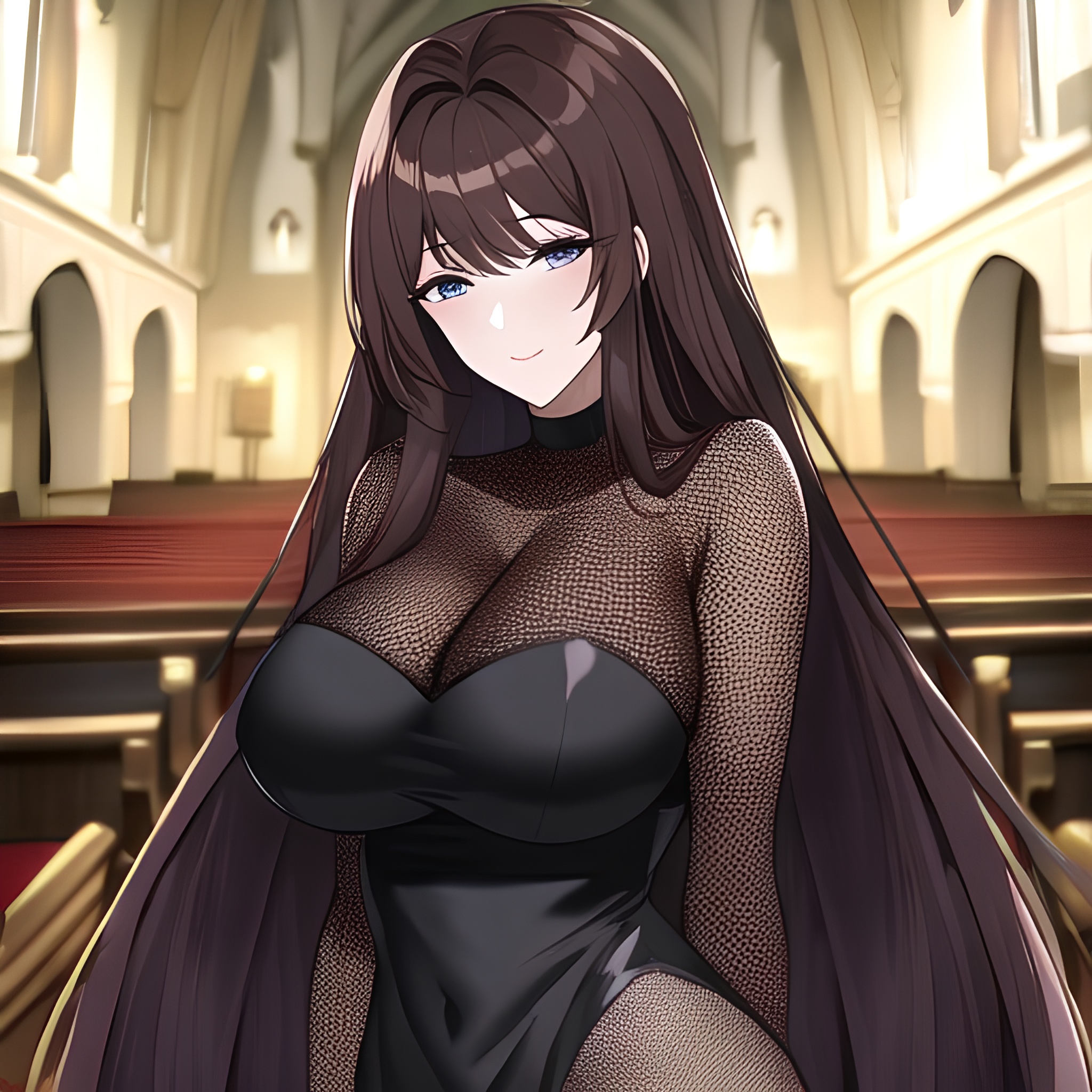 long hair messy hair fishnet church woman brunette 