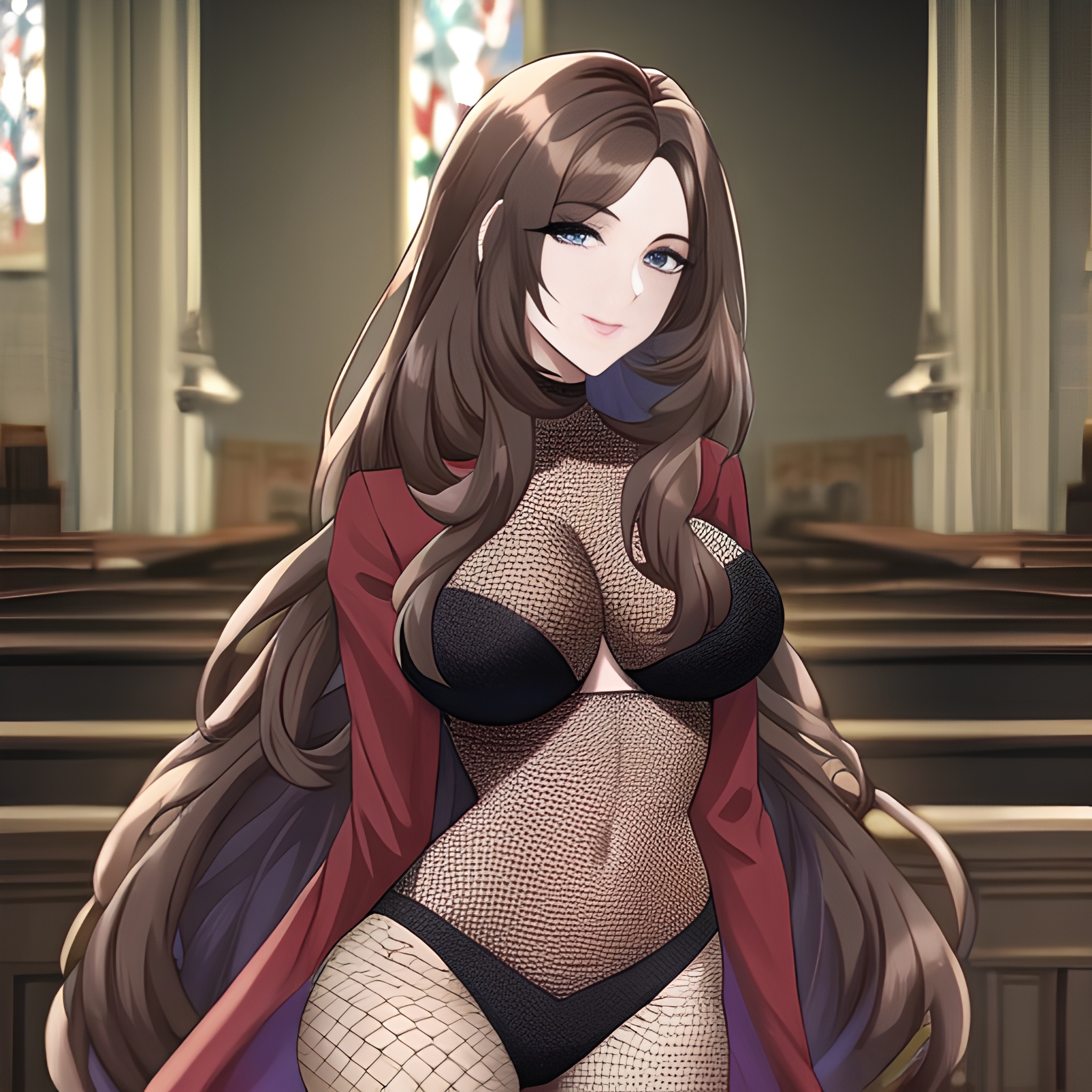 long hair messy hair fishnet church woman brunette 
