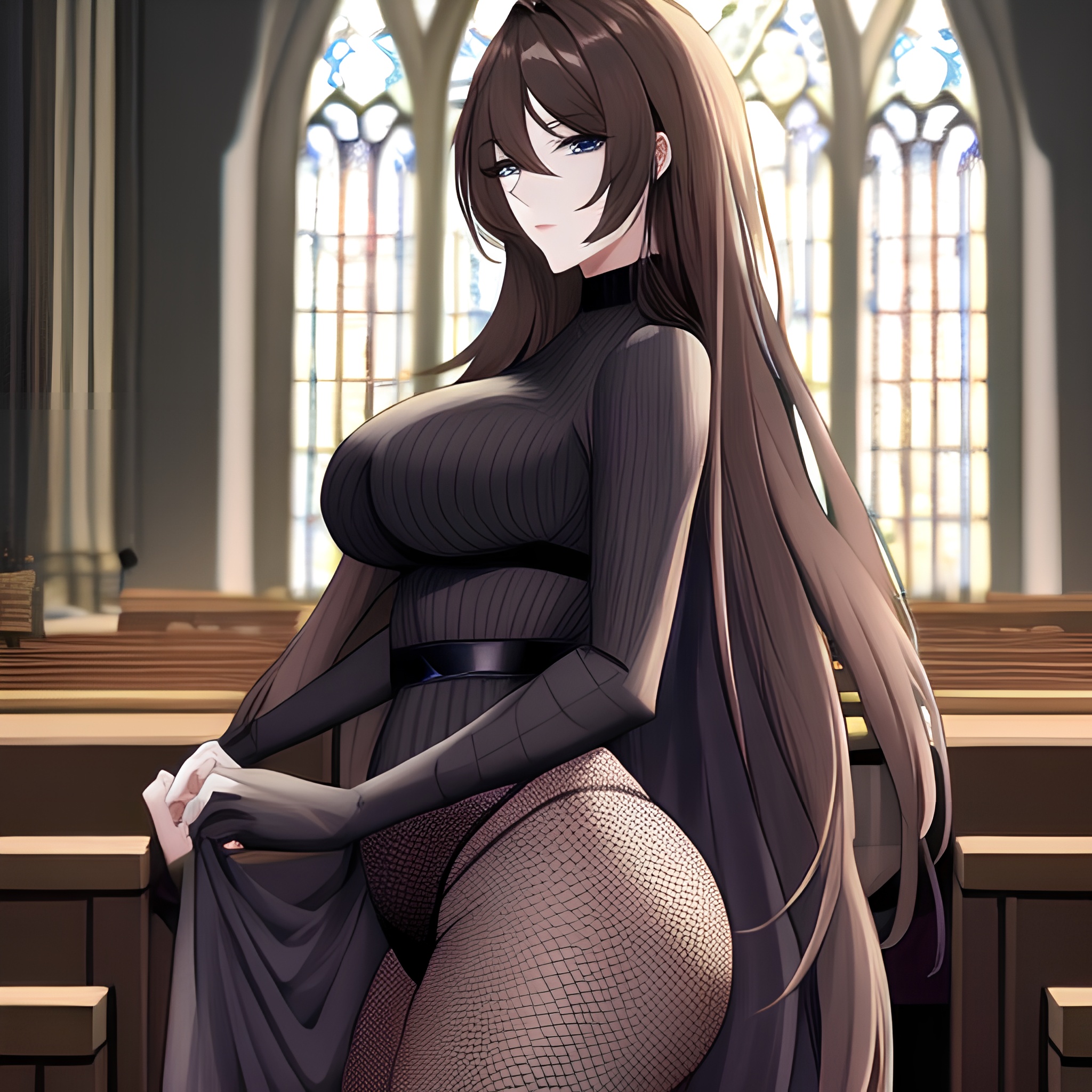 long hair messy hair fishnet woman church brunette 