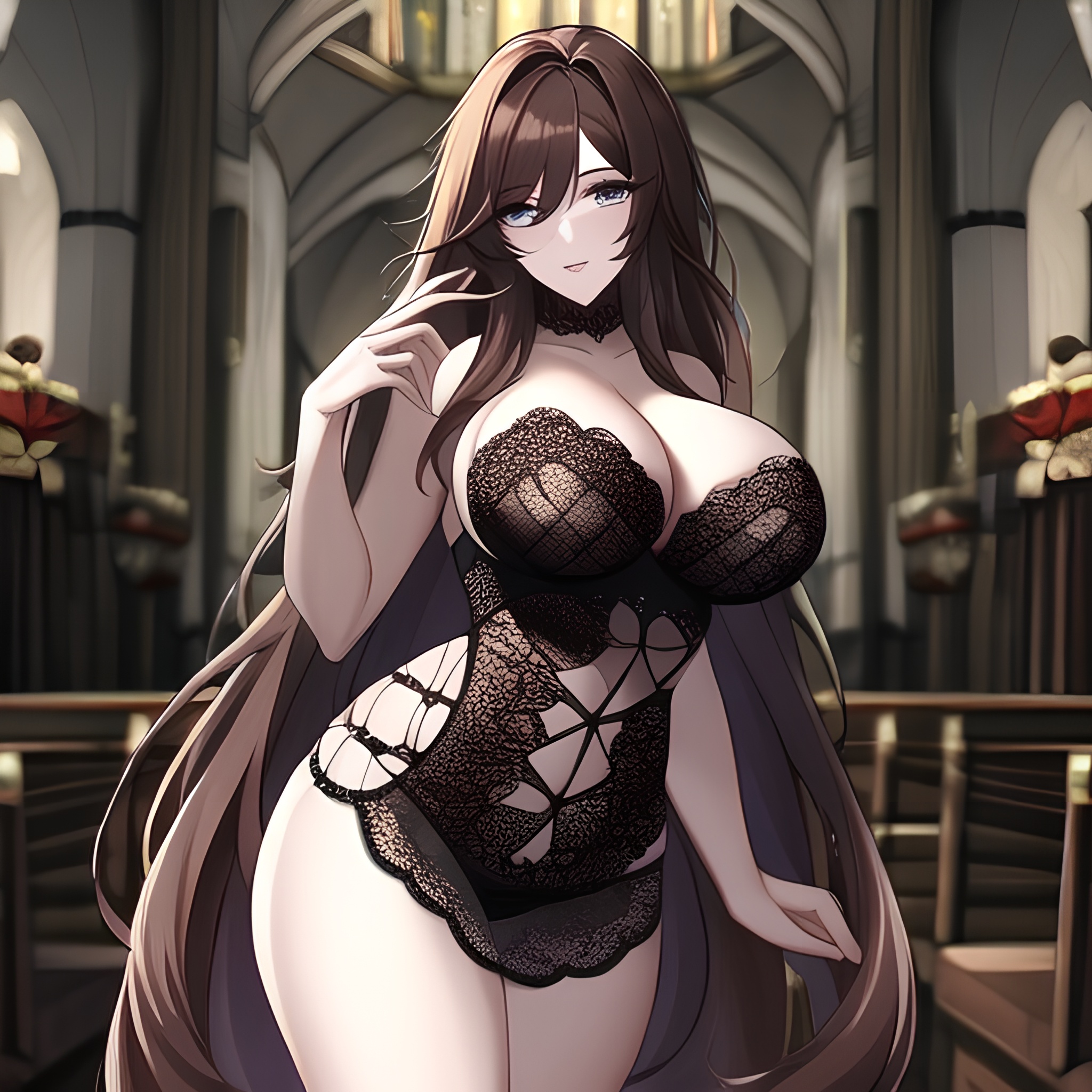 long hair messy hair fishnet woman church brunette 