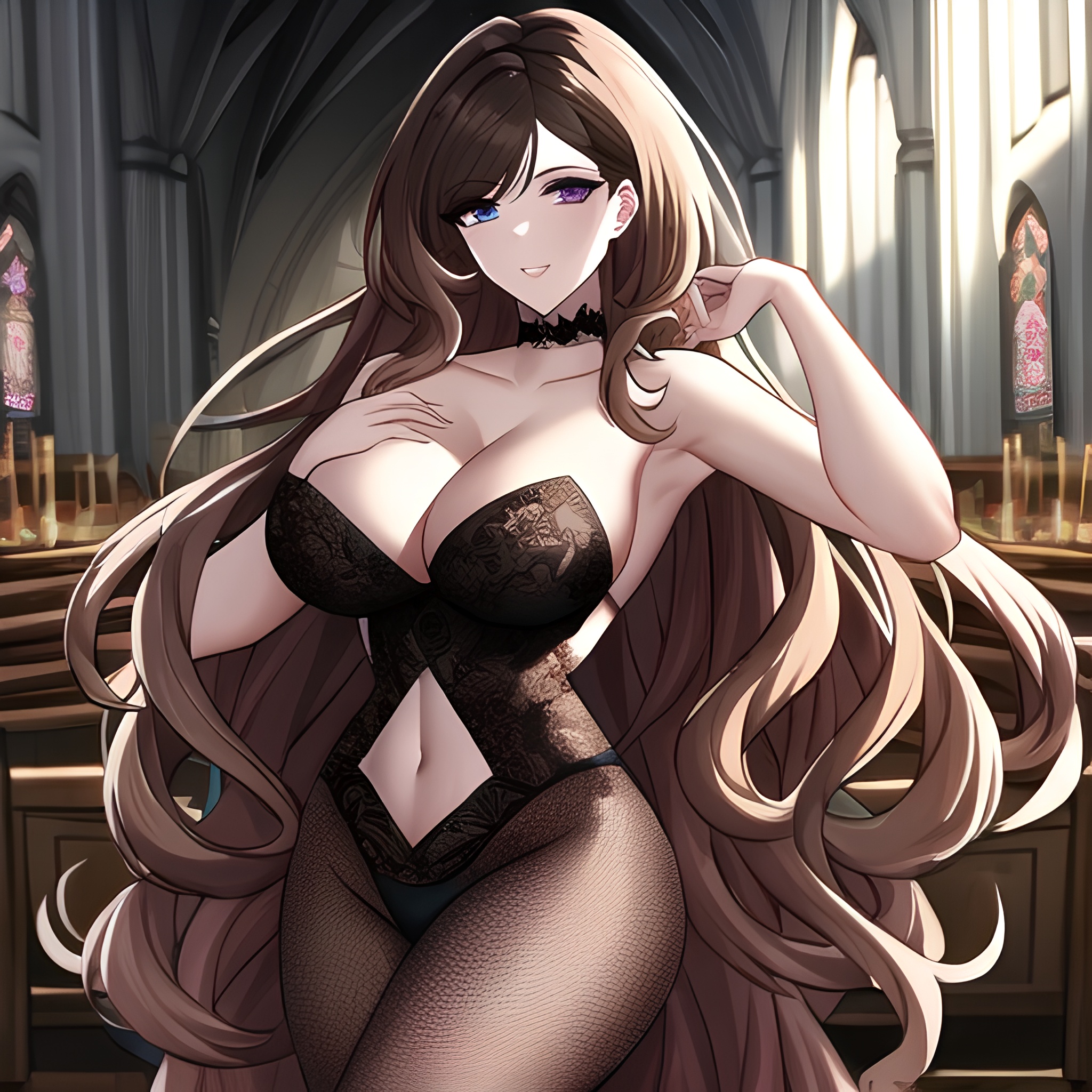 long hair messy hair fishnet woman church brunette
