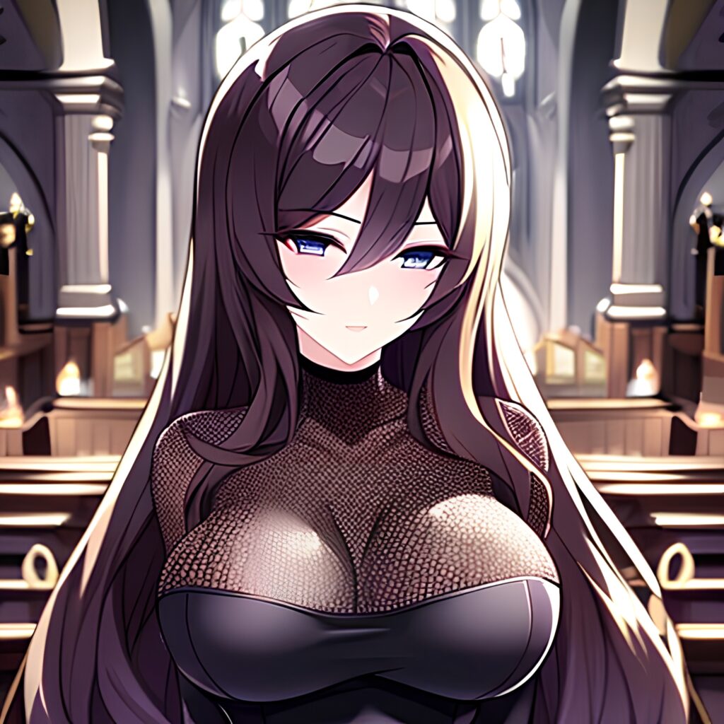 long hair messy hair woman brunette church fishnet 