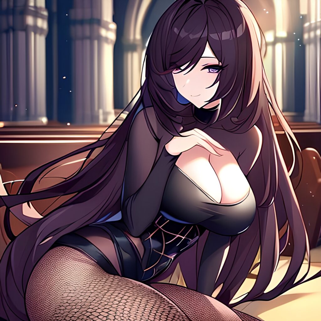 long hair messy hair woman brunette fishnet church 