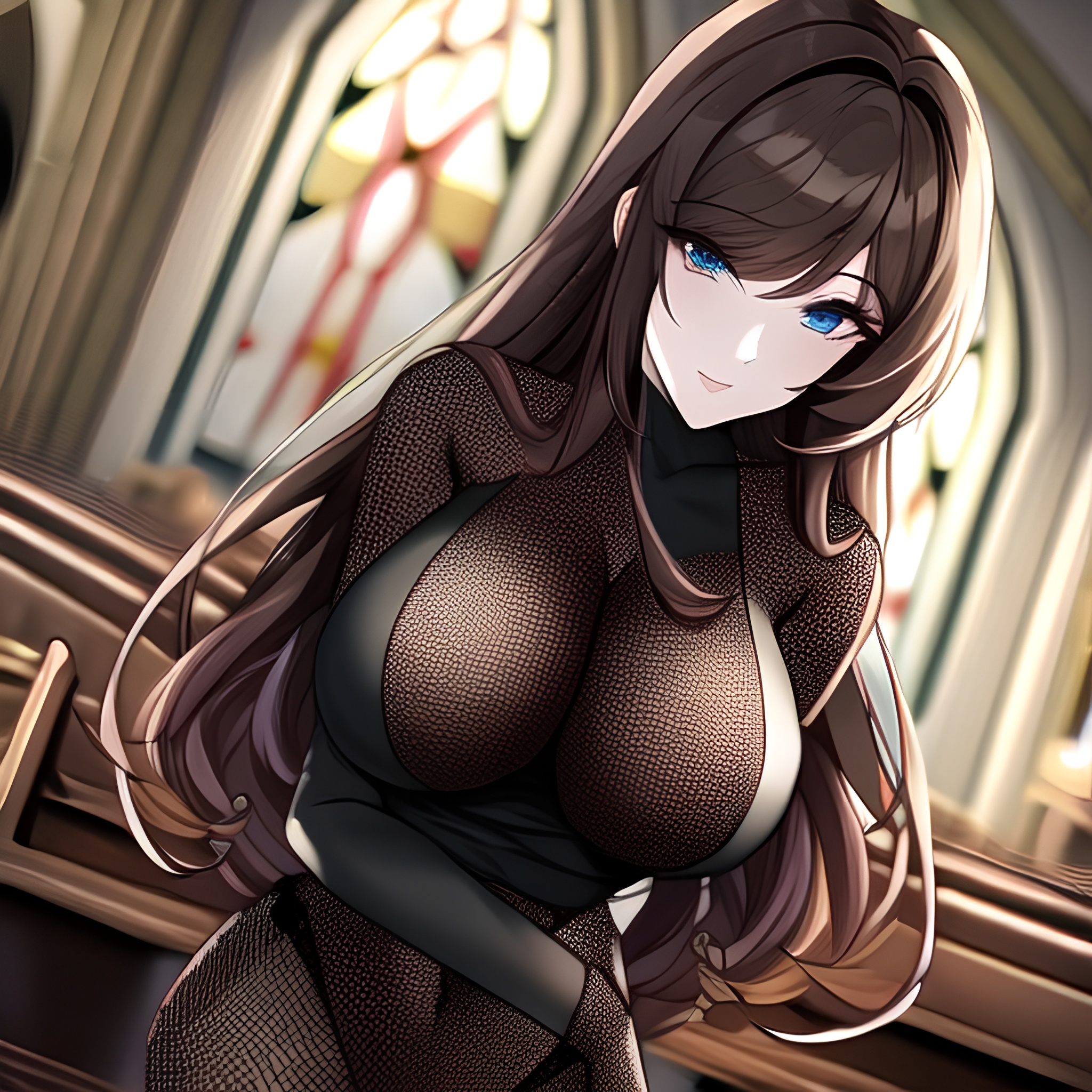 long hair messy hair woman brunette fishnet church 