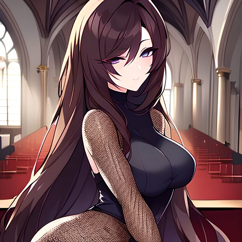 long hair messy hair woman church brunette fishnet 