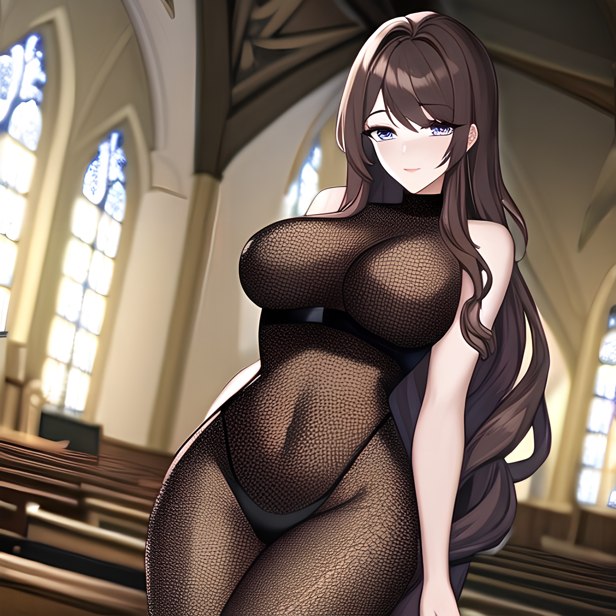 long hair messy hair woman church brunette fishnet 