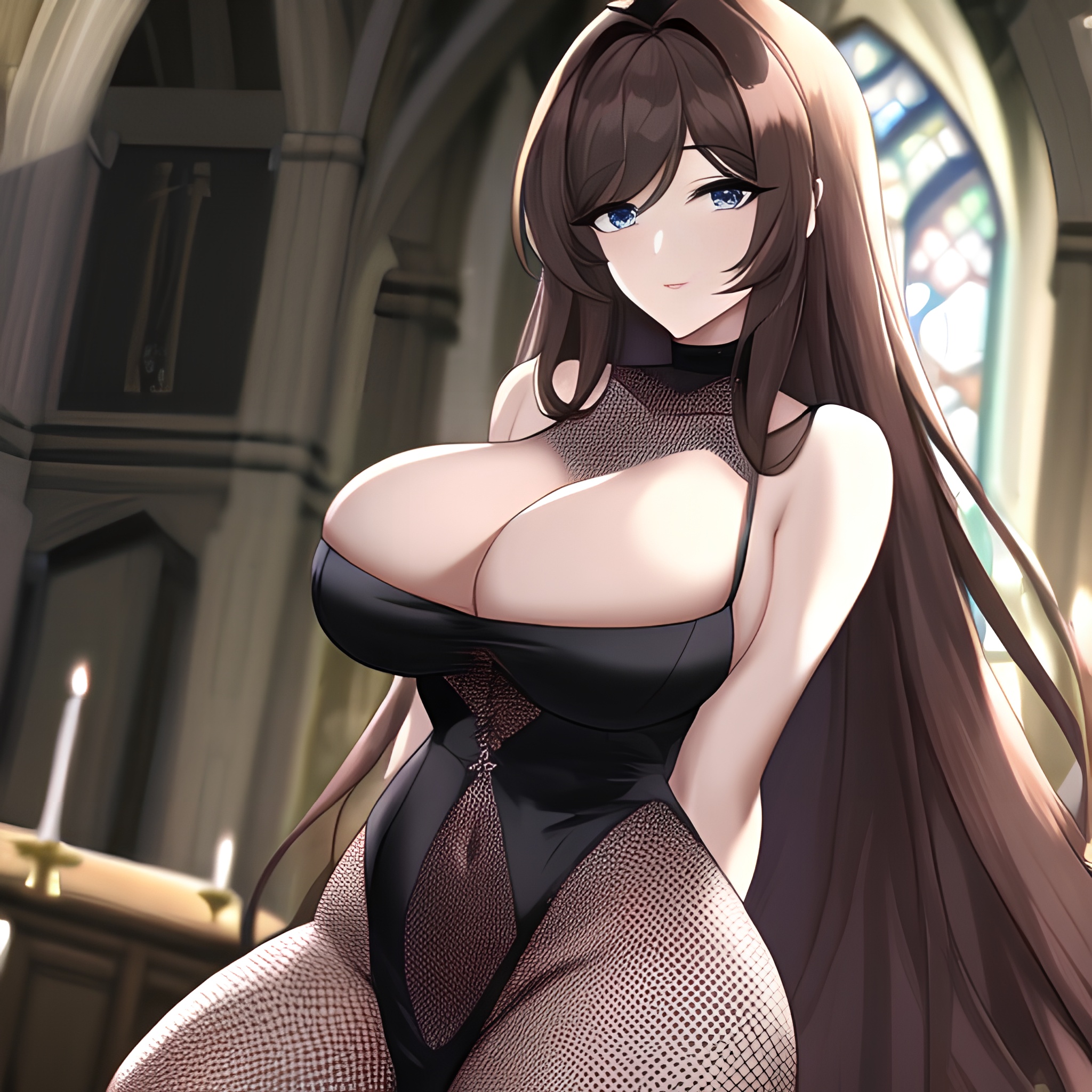 long hair messy hair woman church brunette fishnet 