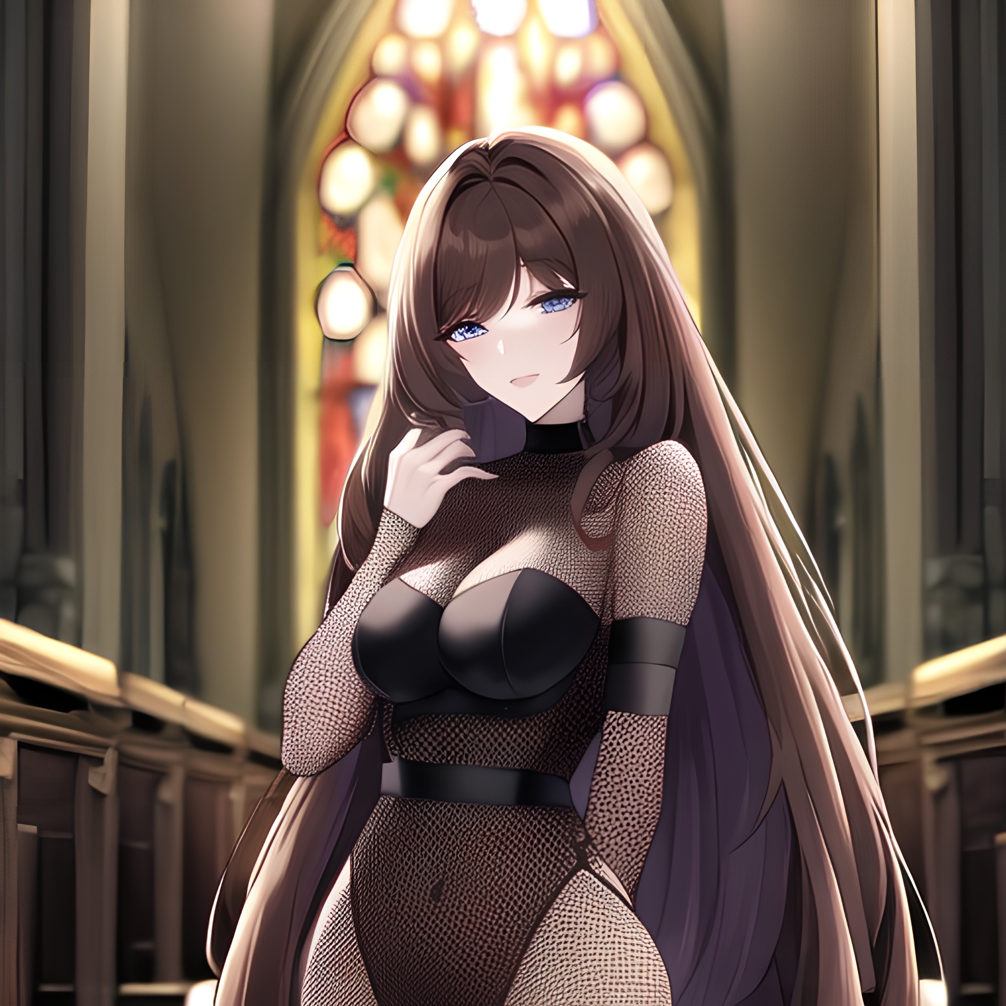long hair messy hair woman church brunette fishnet 