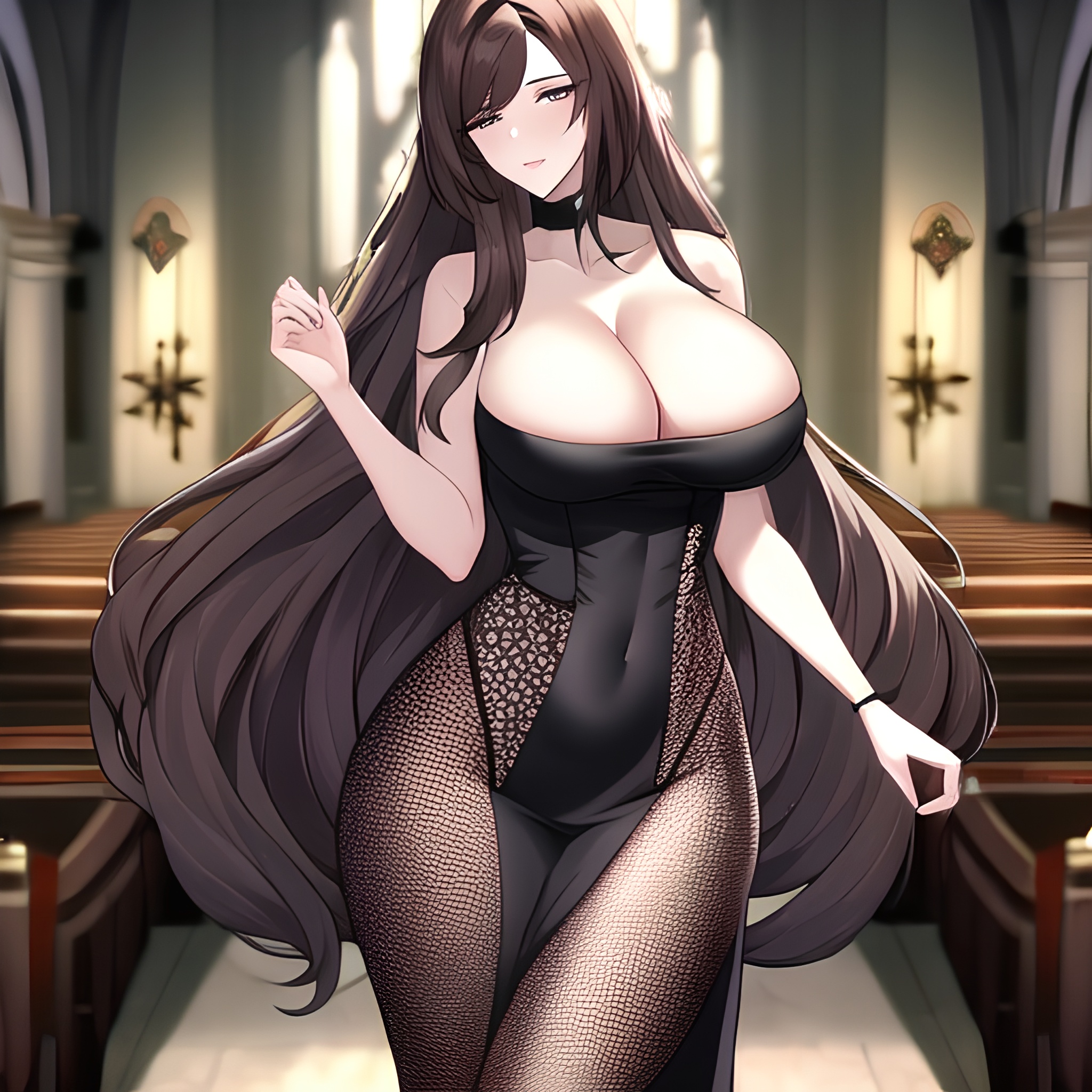 long hair messy hair woman church brunette fishnet 