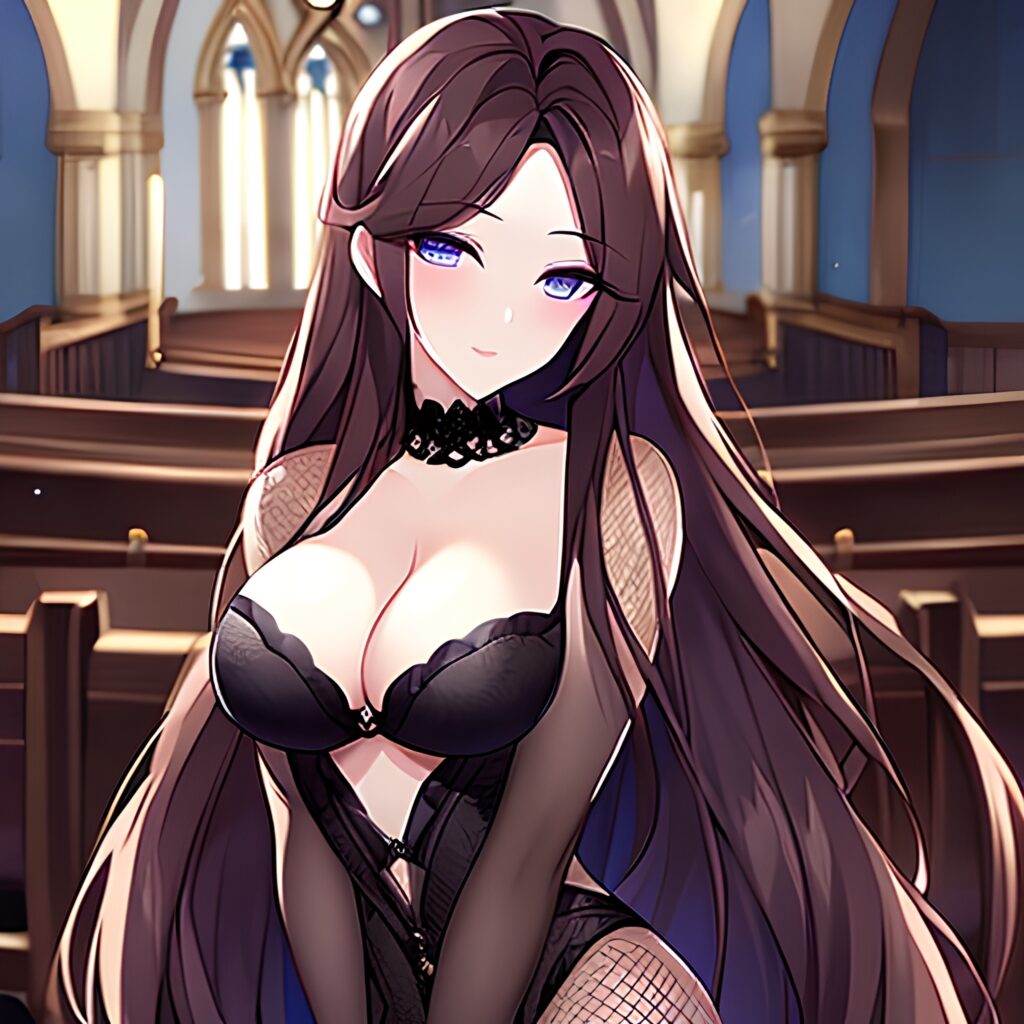 long hair messy hair woman church brunette fishnet 