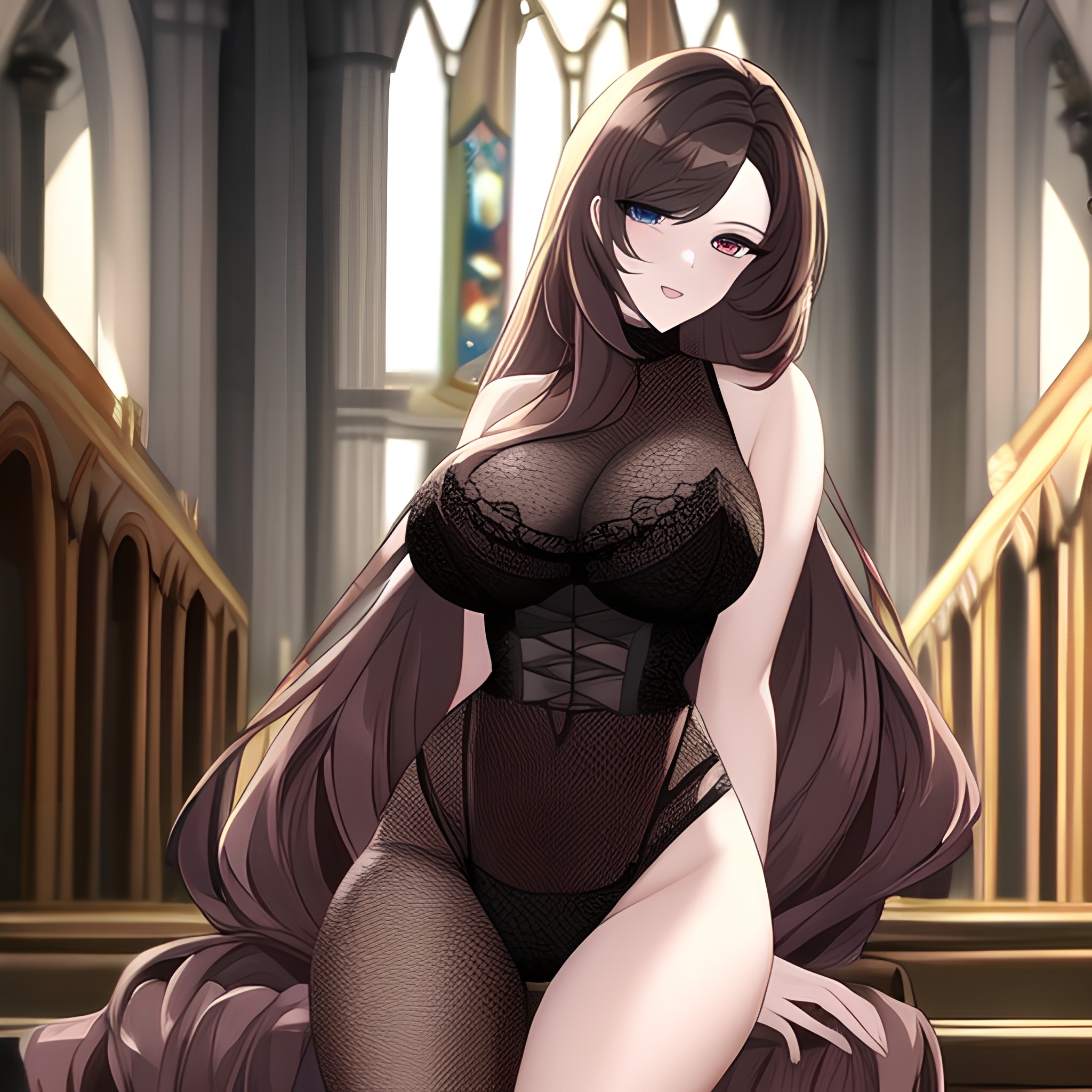 long hair messy hair woman fishnet brunette church 
