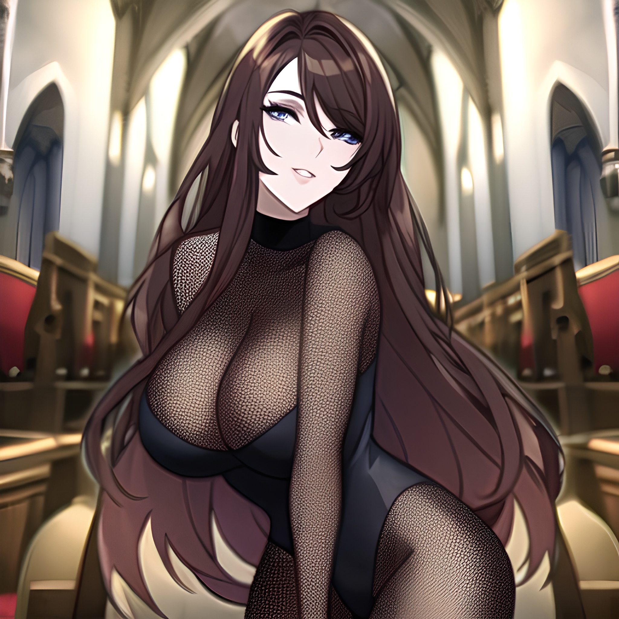 long hair messy hair woman fishnet brunette church 