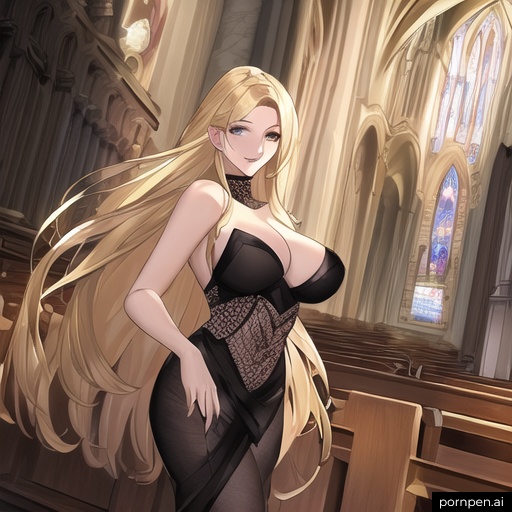 long hair nude blonde front view fishnet church small boobs woman 