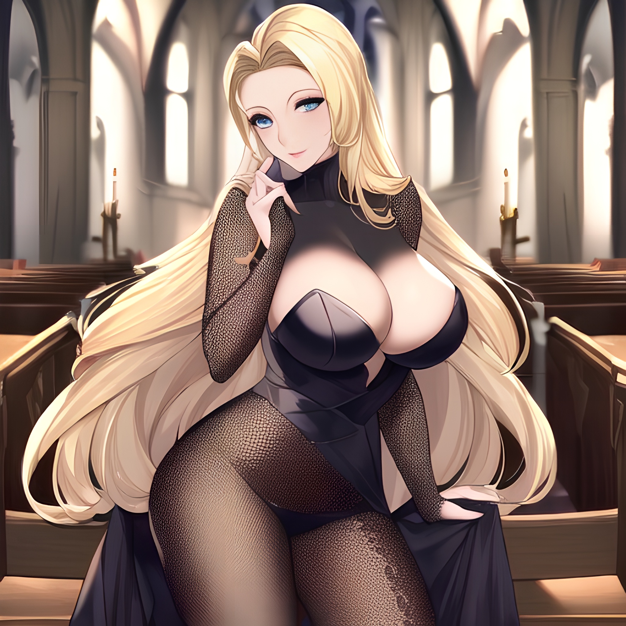 long hair nude blonde front view small boobs fishnet woman church 