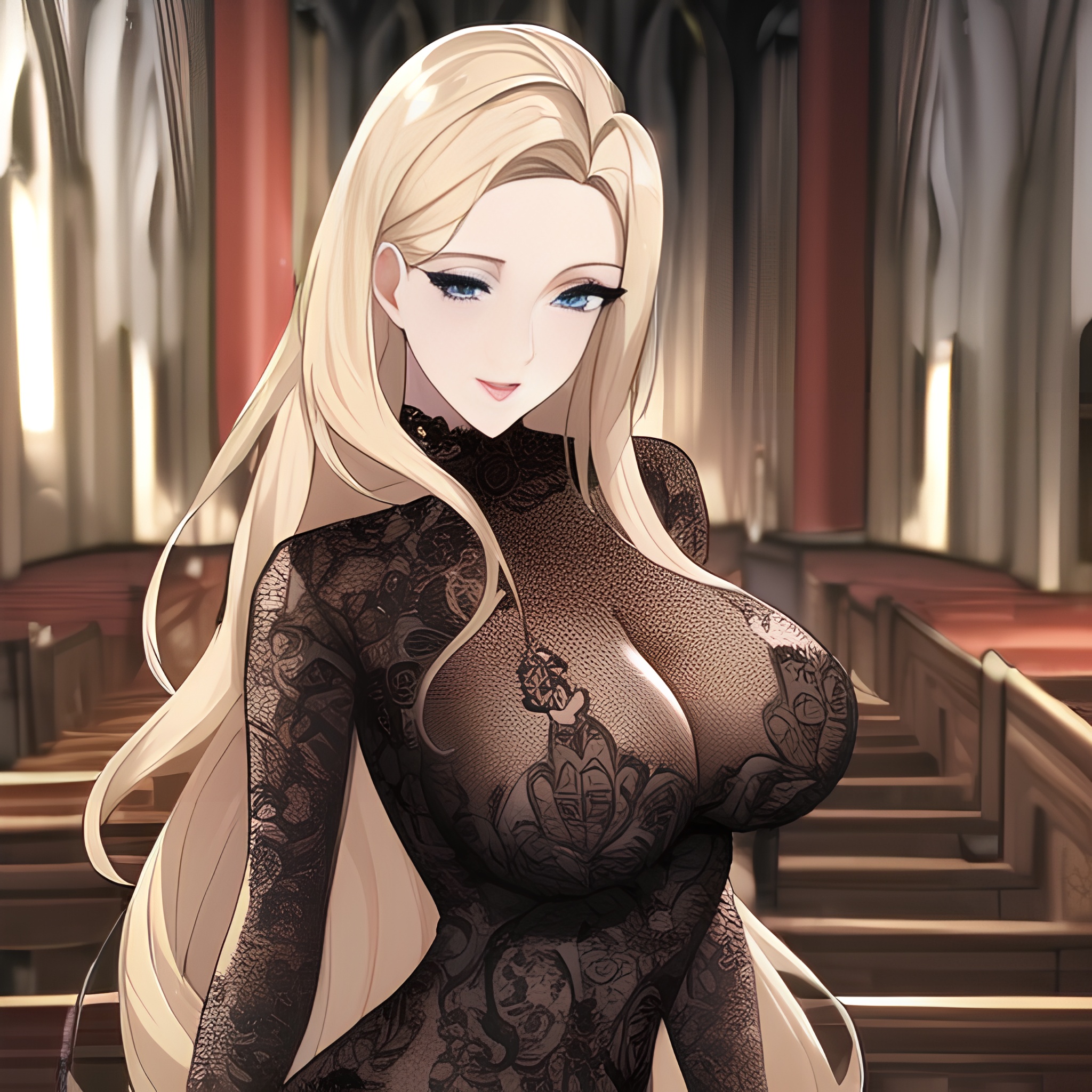 long hair nude church woman fishnet small boobs front view blonde 