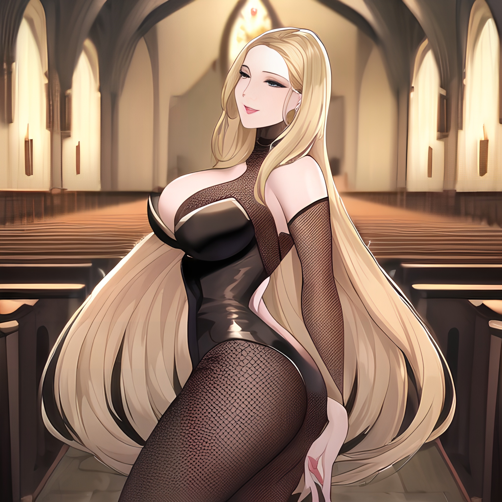 long hair nude front view church blonde fishnet woman small boobs 