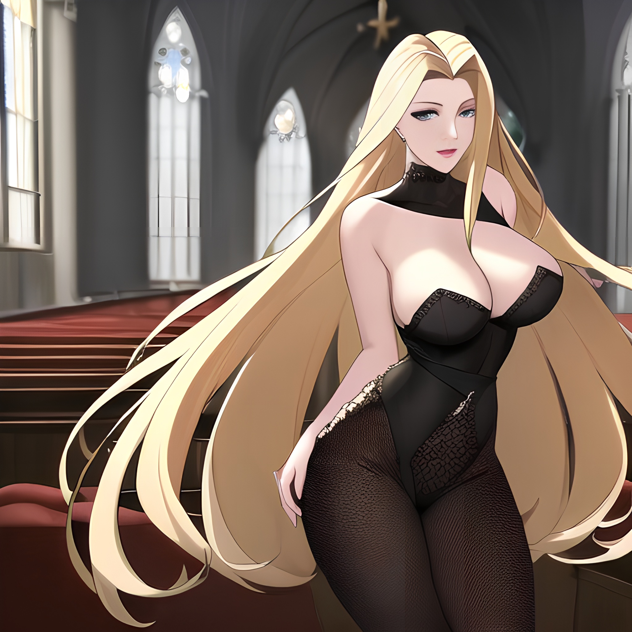 long hair nude front view small boobs woman fishnet blonde church 