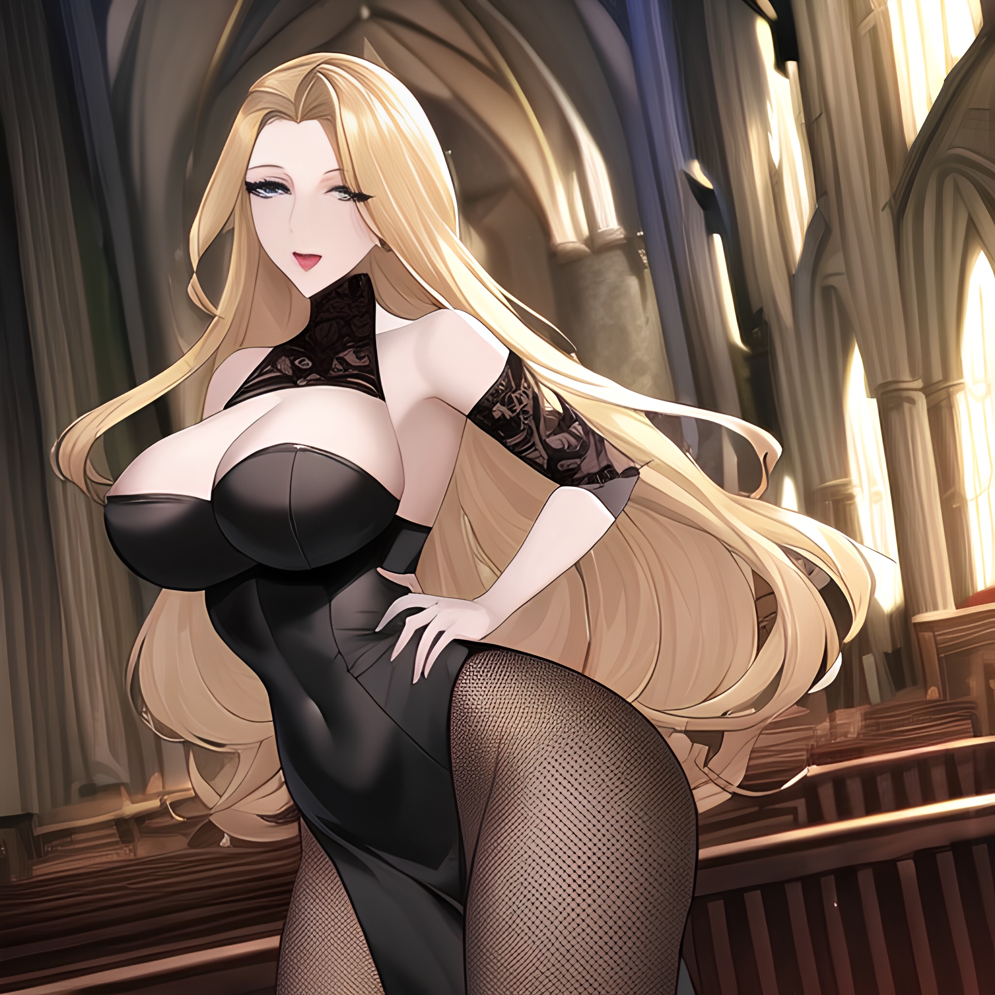 long hair nude front view woman church small boobs blonde fishnet 