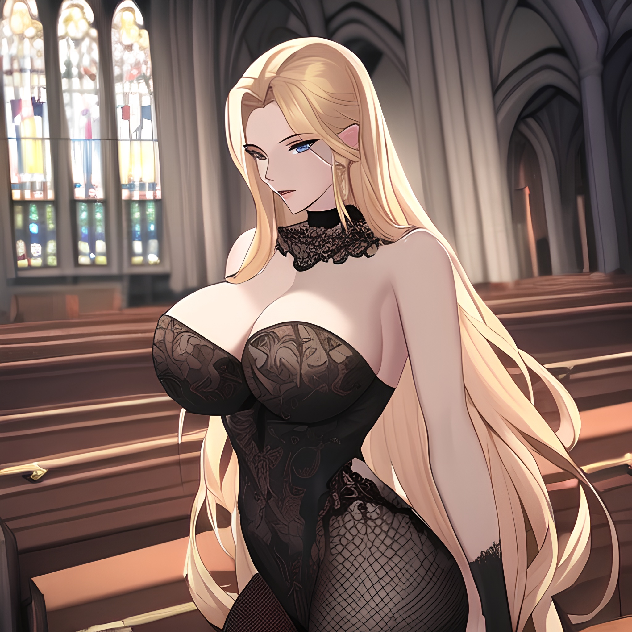 long hair nude woman church front view blonde small boobs fishnet 