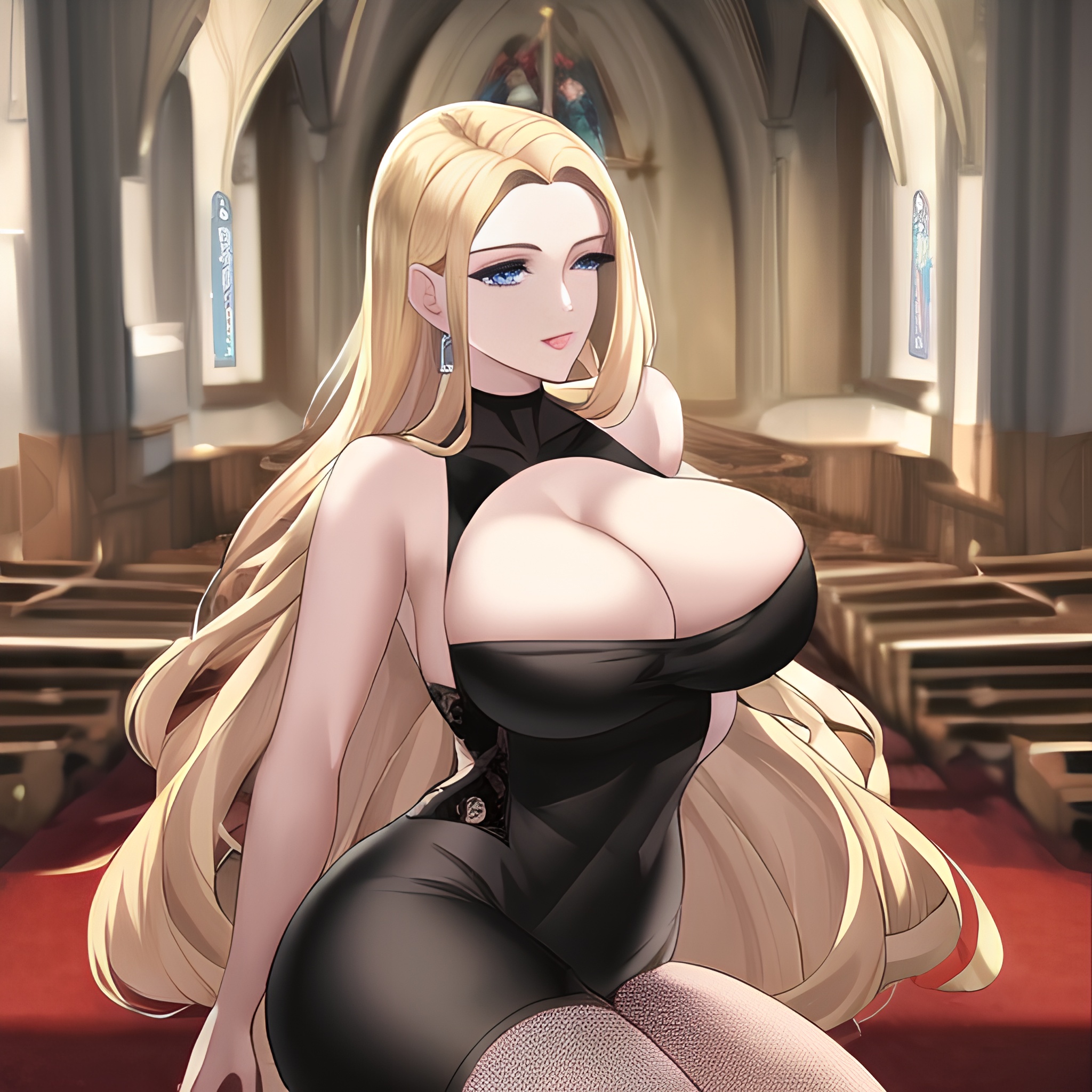 long hair nude woman fishnet front view church blonde small boobs 
