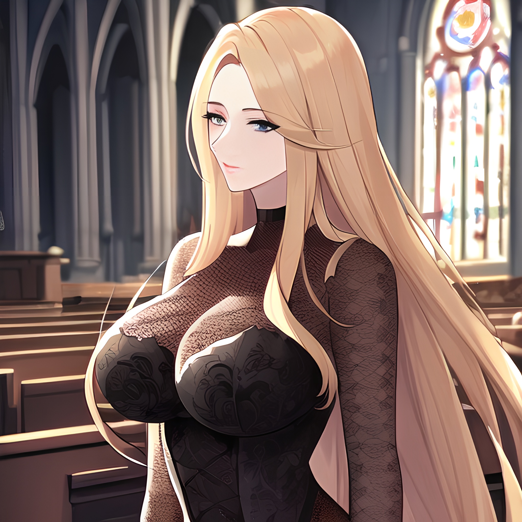 long hair nude woman small boobs blonde church fishnet front view 