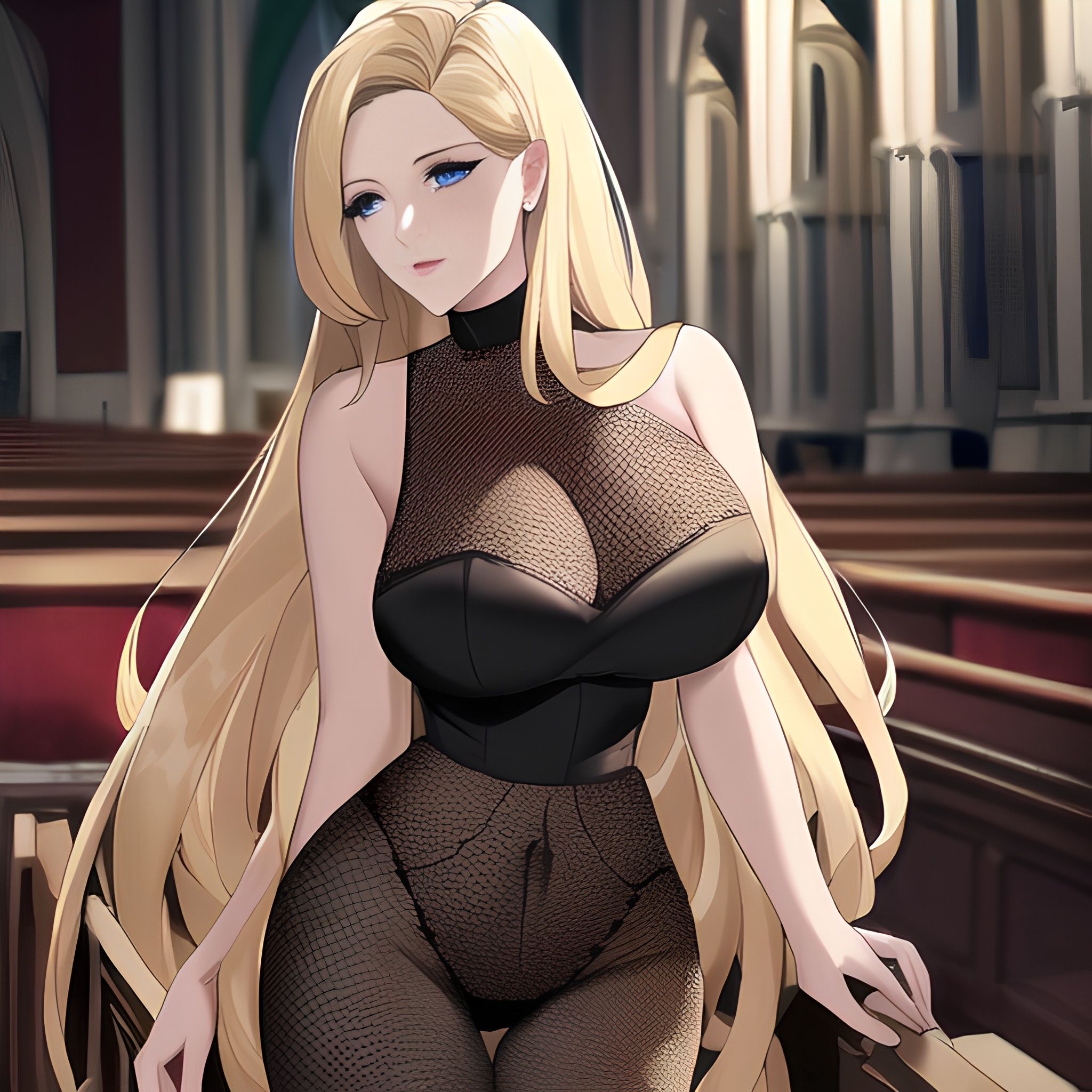 long hair small boobs blonde church fishnet front view nude woman 