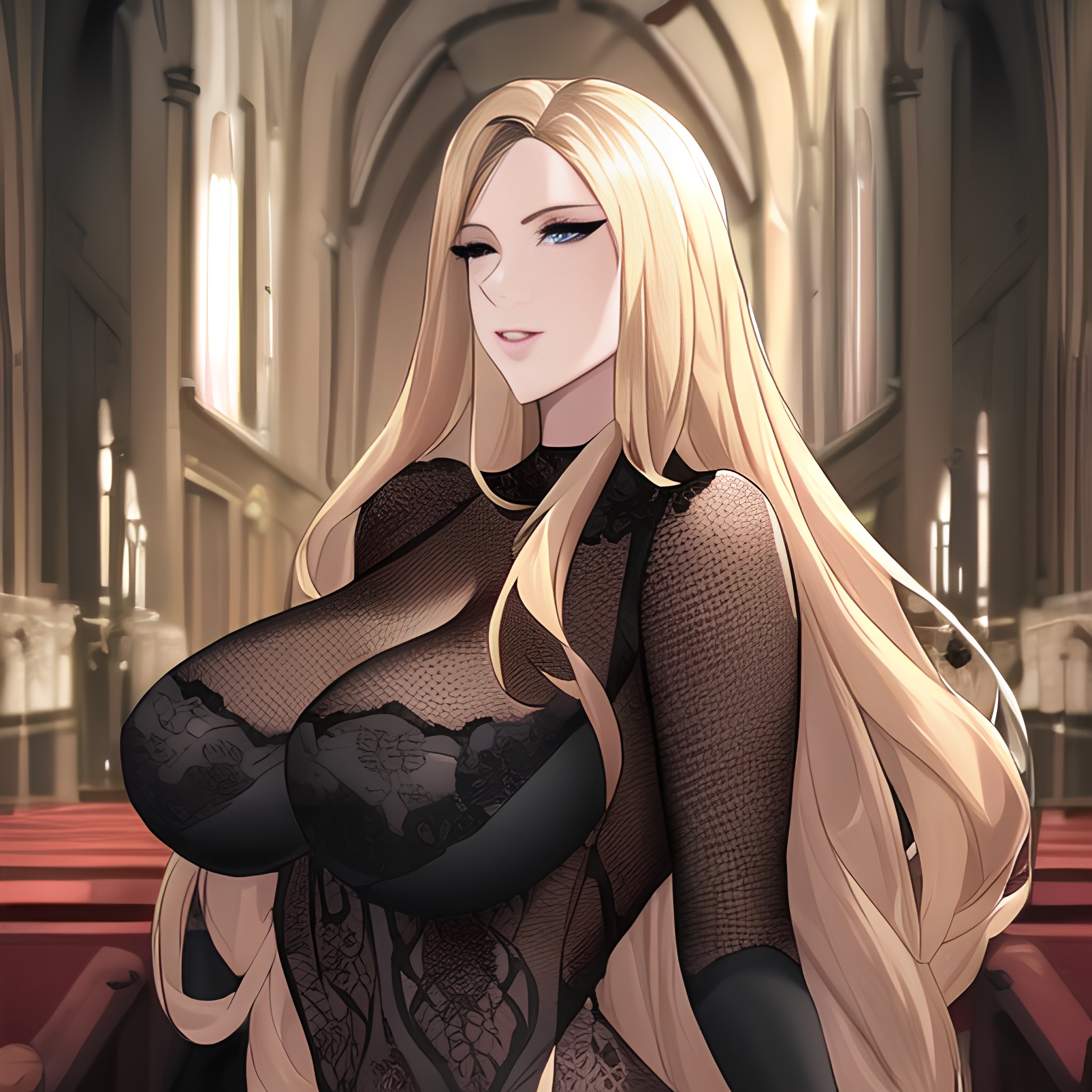 long hair small boobs blonde church fishnet nude front view woman 