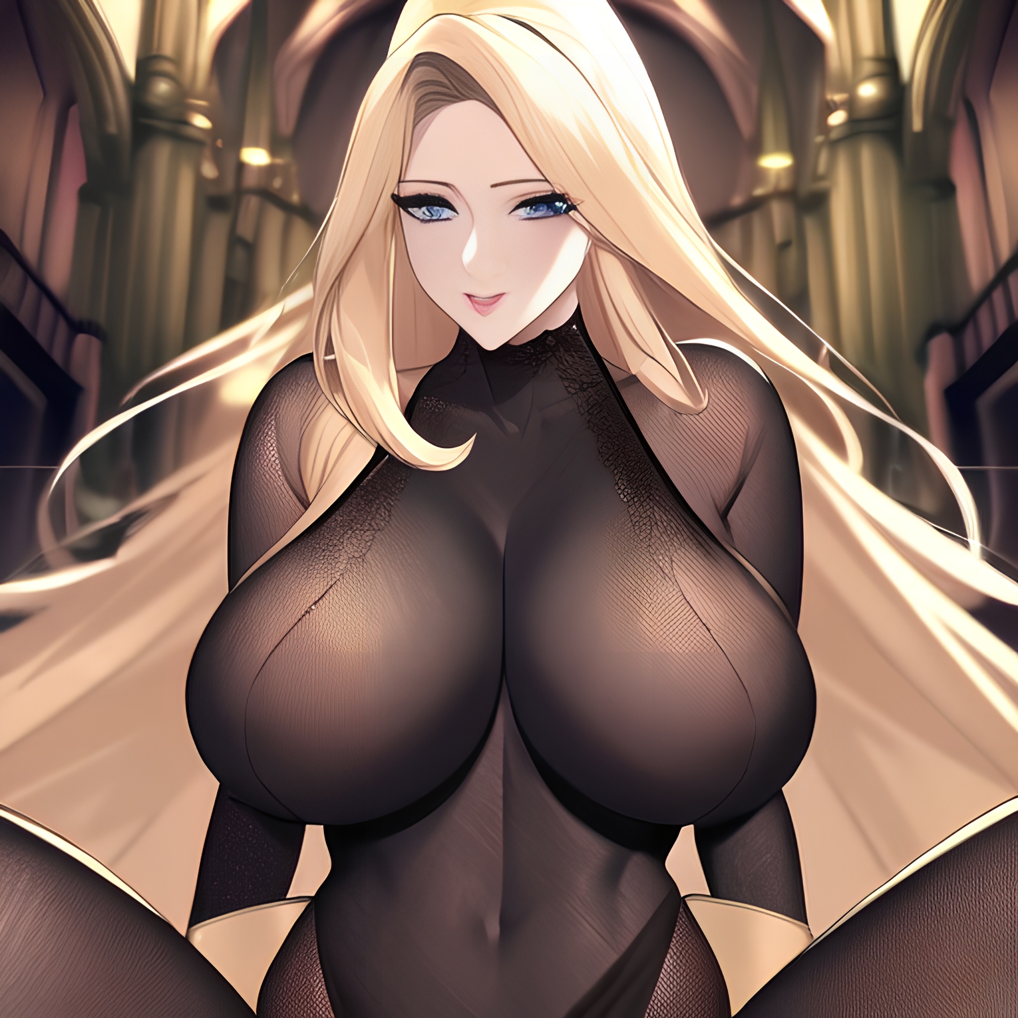 long hair small boobs blonde church nude fishnet front view woman 