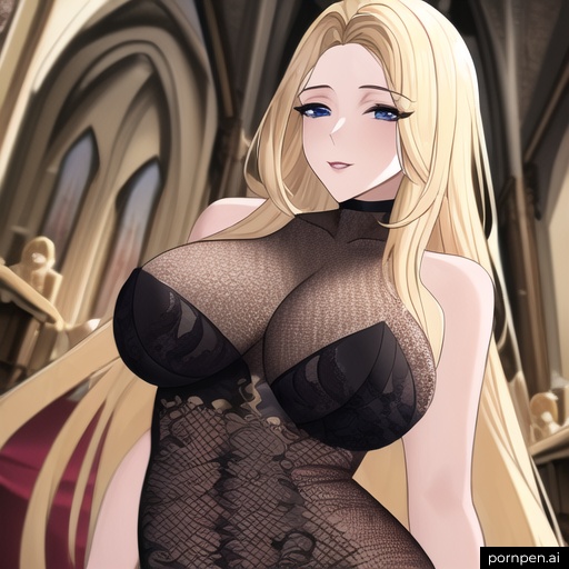 long hair small boobs blonde church woman front view nude fishnet 