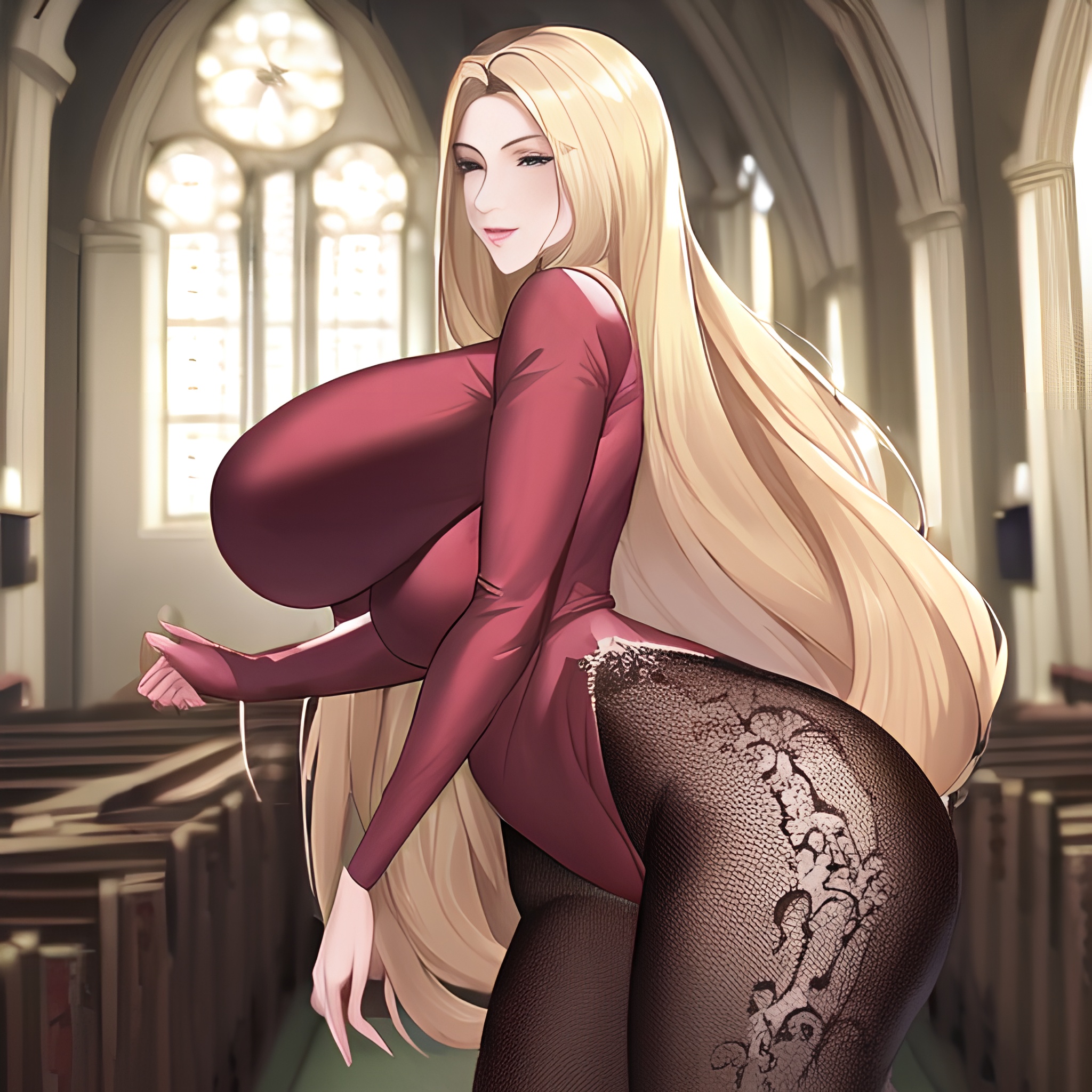 long hair small boobs blonde nude fishnet woman church front view
