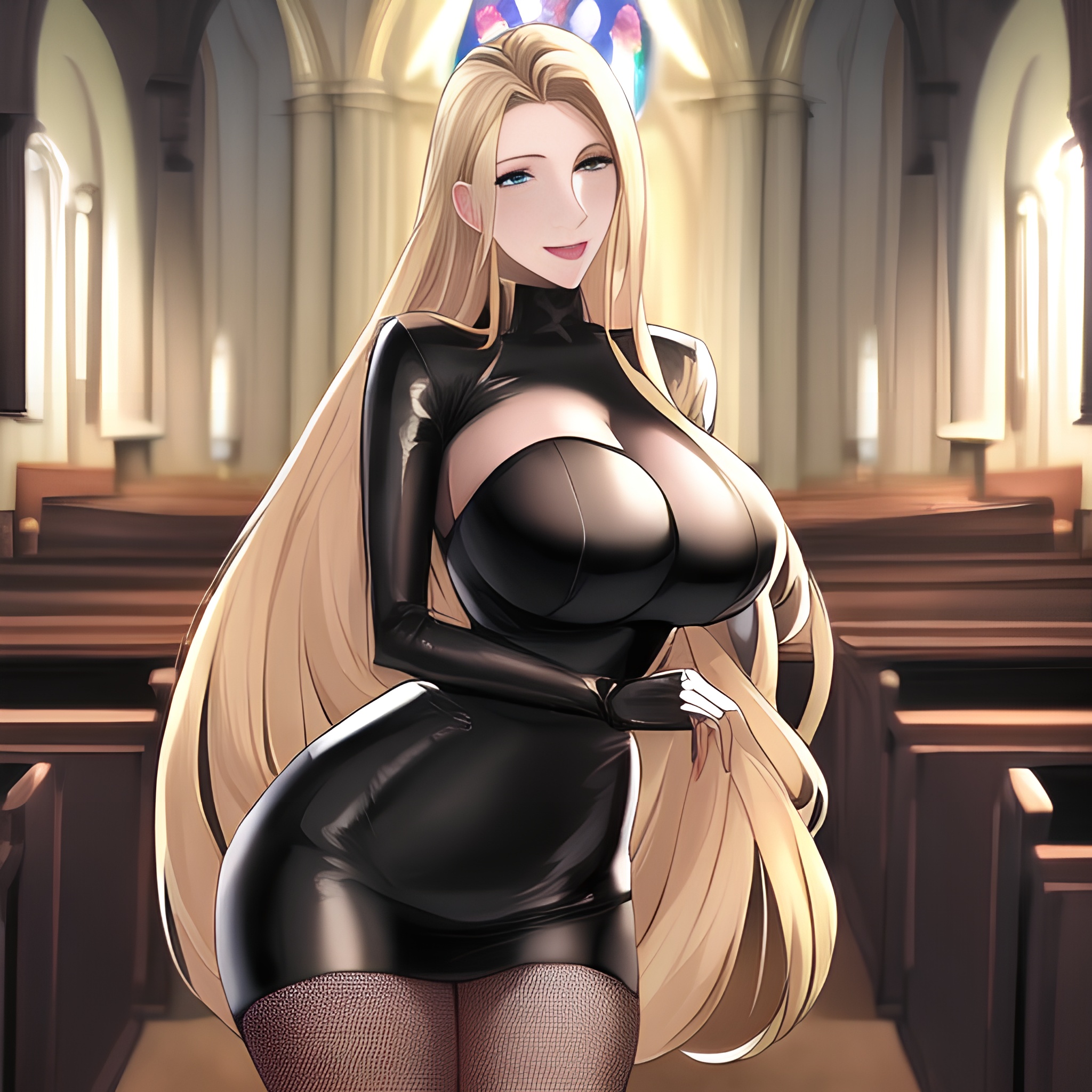 long hair small boobs church front view fishnet woman blonde nude 