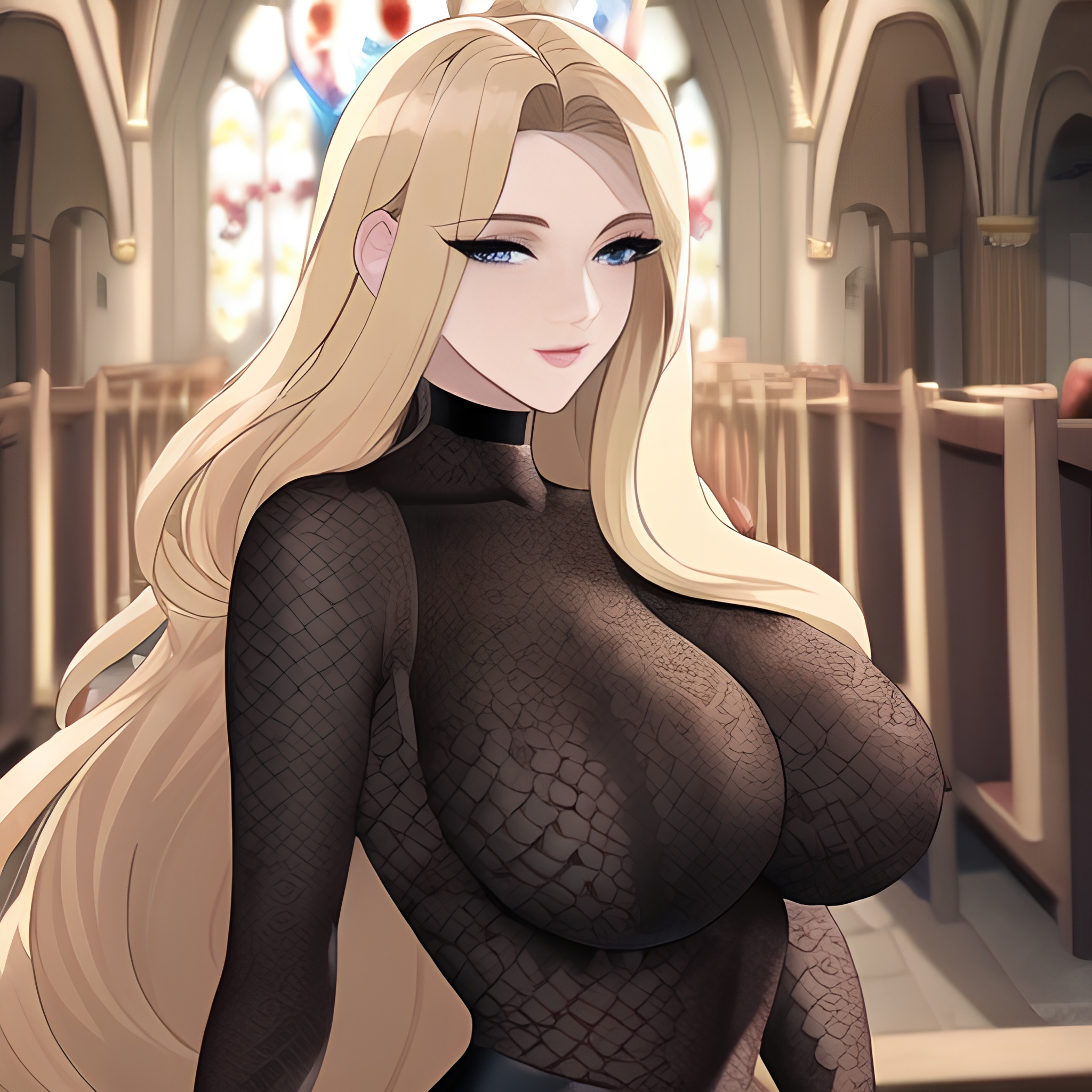 long hair small boobs fishnet blonde nude front view woman church 