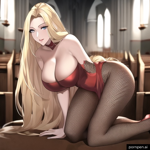 long hair small boobs fishnet blonde woman nude front view church 