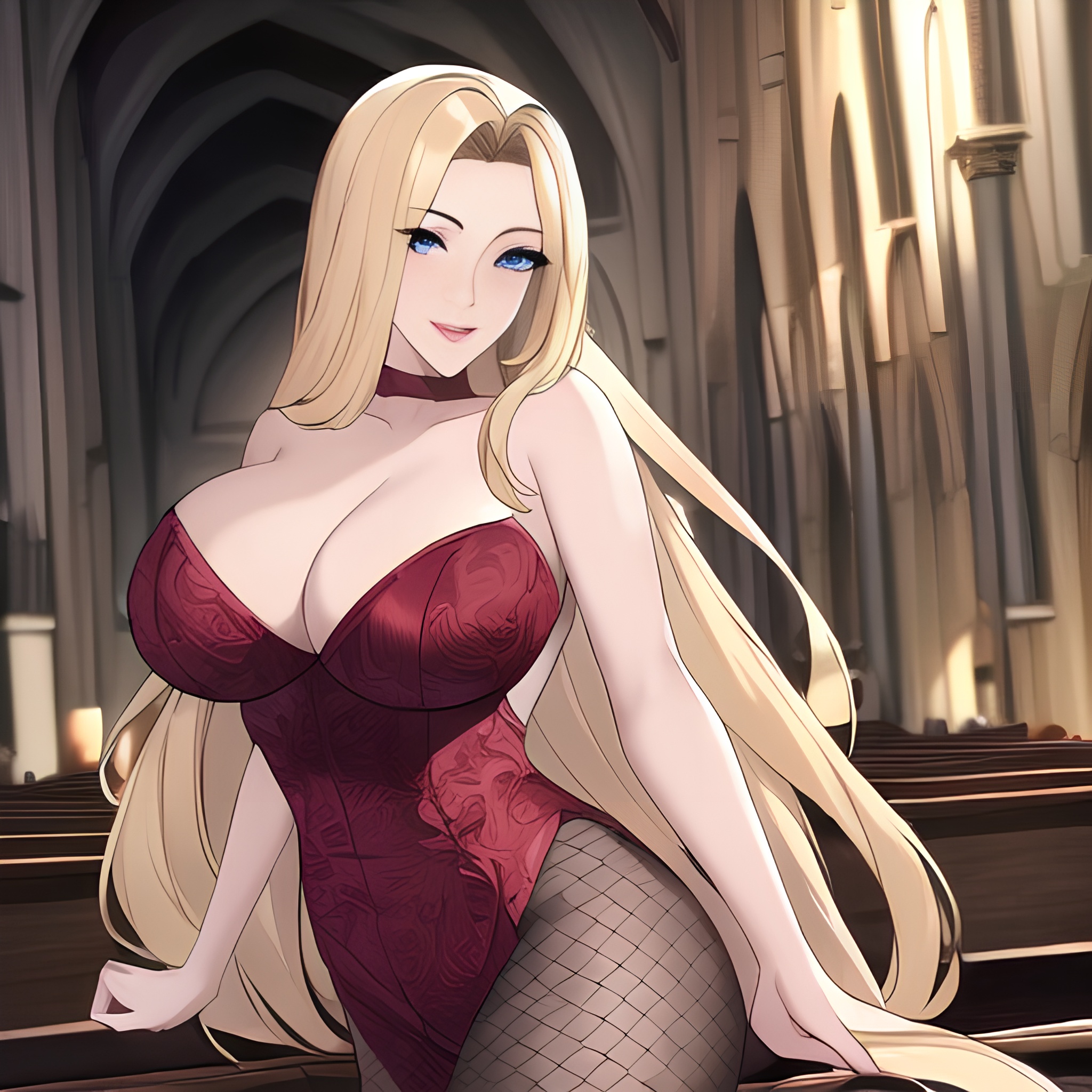 long hair small boobs fishnet nude front view church woman blonde 