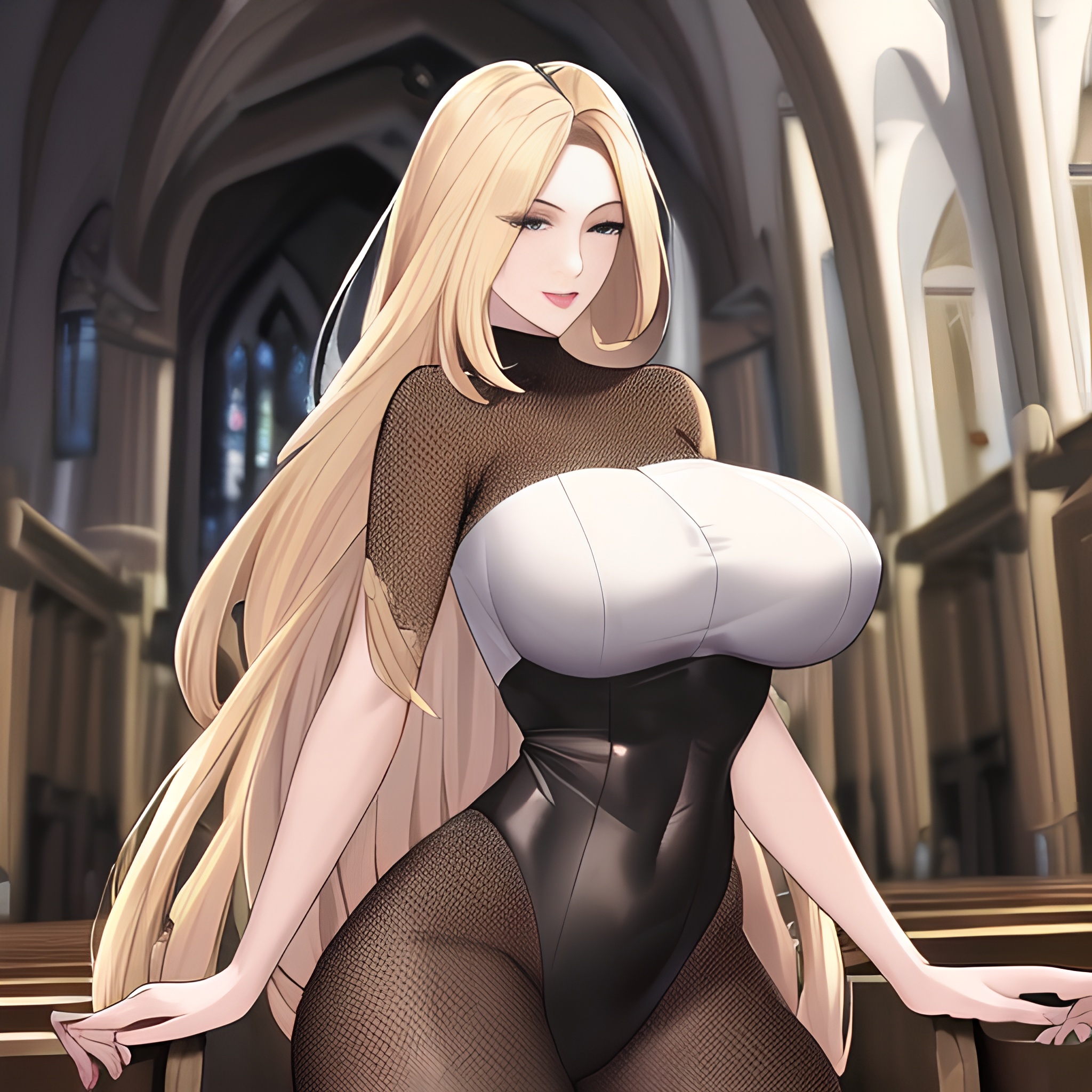 long hair small boobs front view church nude woman blonde fishnet 
