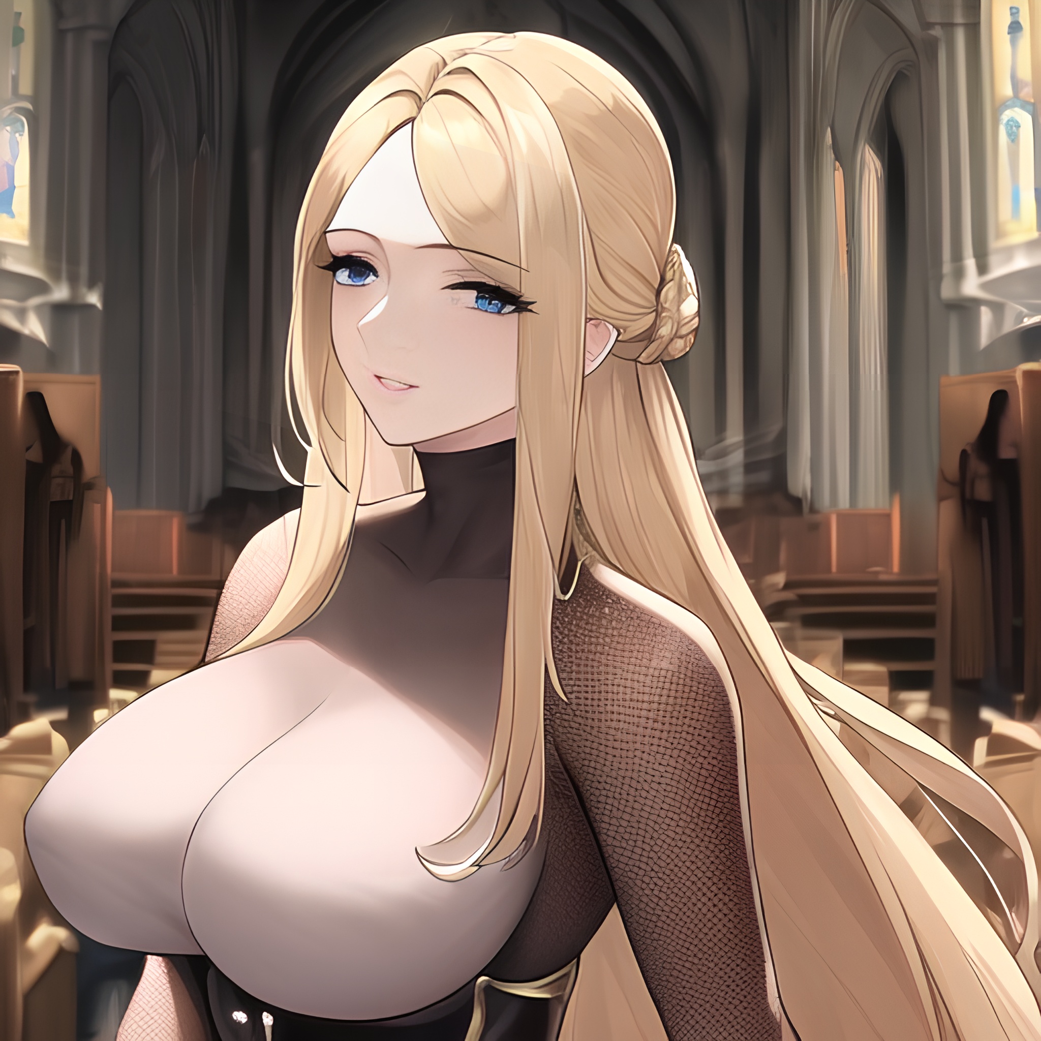 long hair small boobs nude blonde front view woman fishnet church 