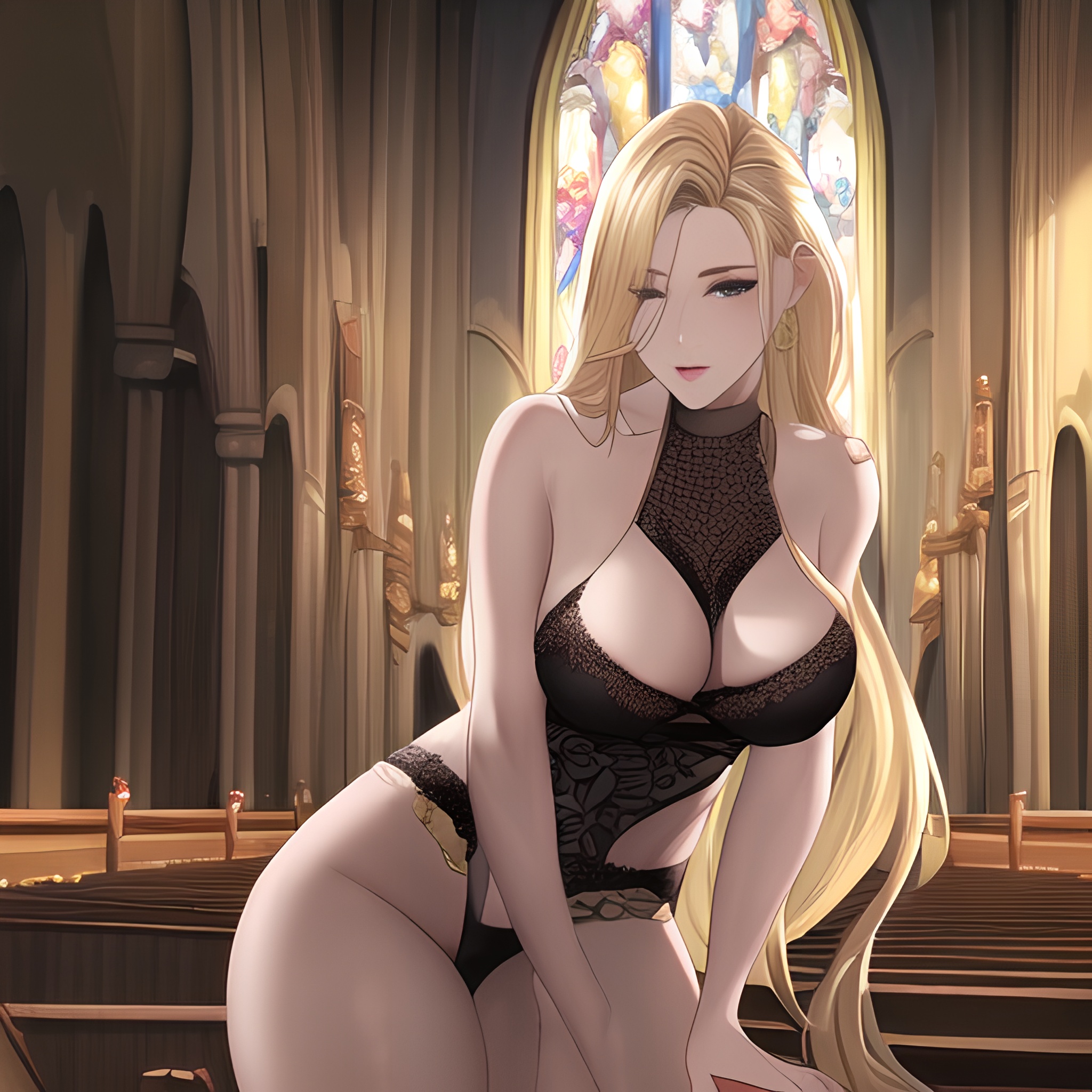 long hair small boobs nude church front view woman blonde fishnet