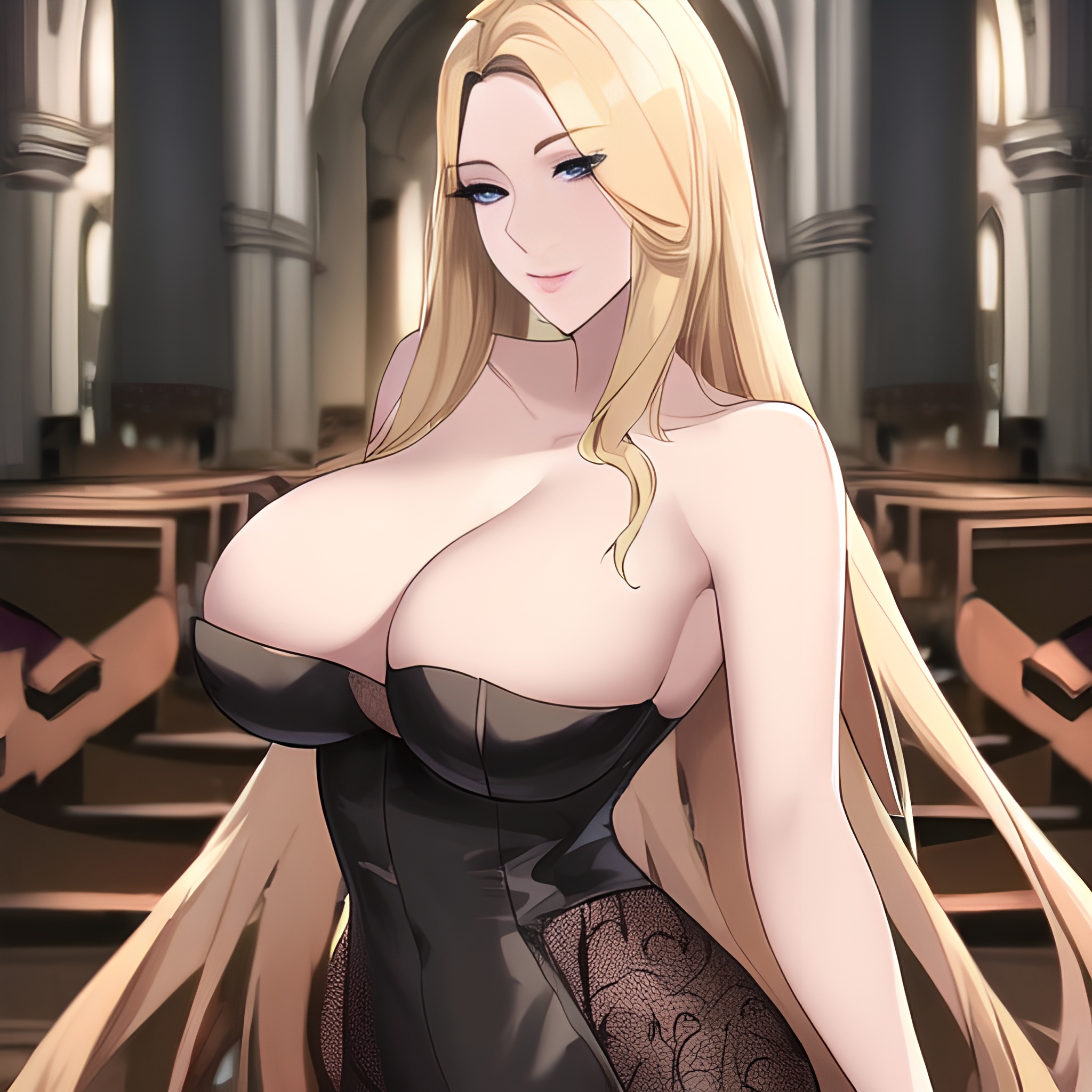 long hair small boobs nude front view church blonde fishnet woman 