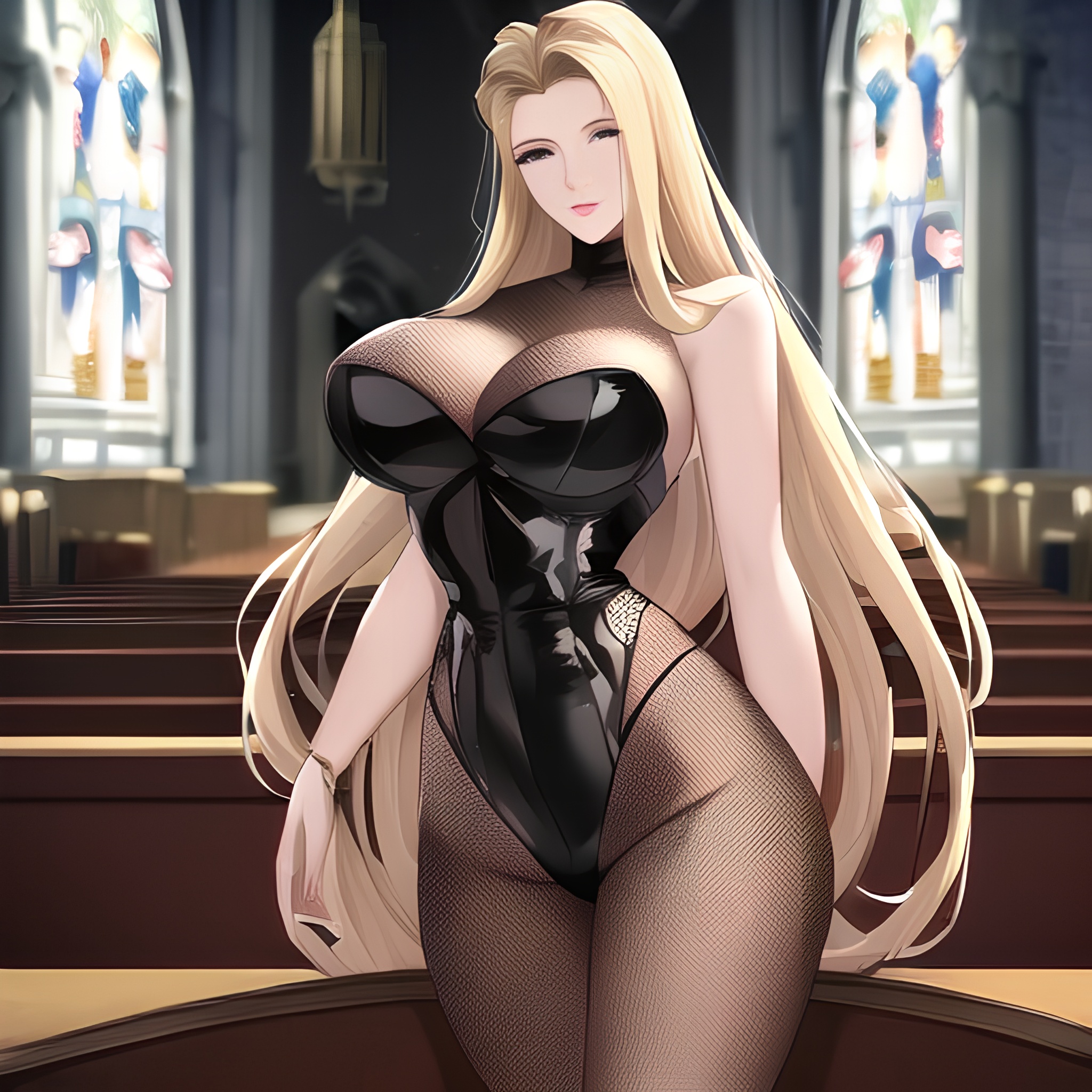 long hair small boobs nude front view church fishnet woman blonde 