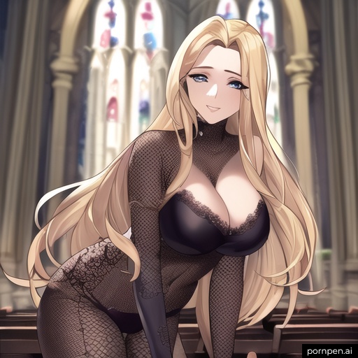 long hair small boobs woman blonde fishnet front view nude church 