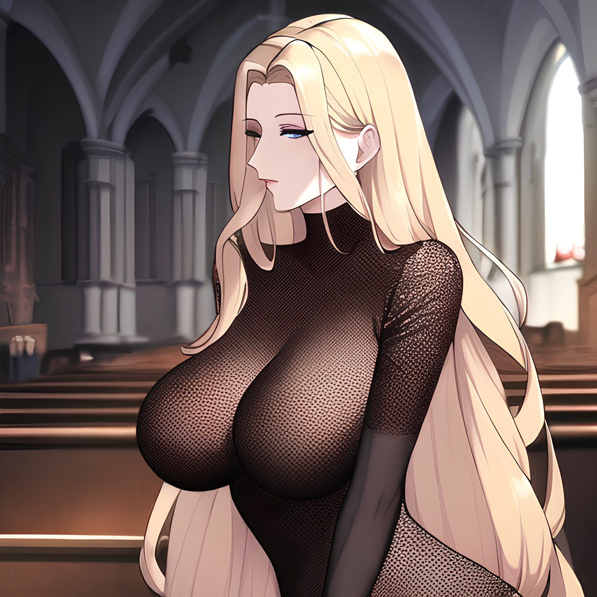 long hair small boobs woman blonde front view church nude fishnet 