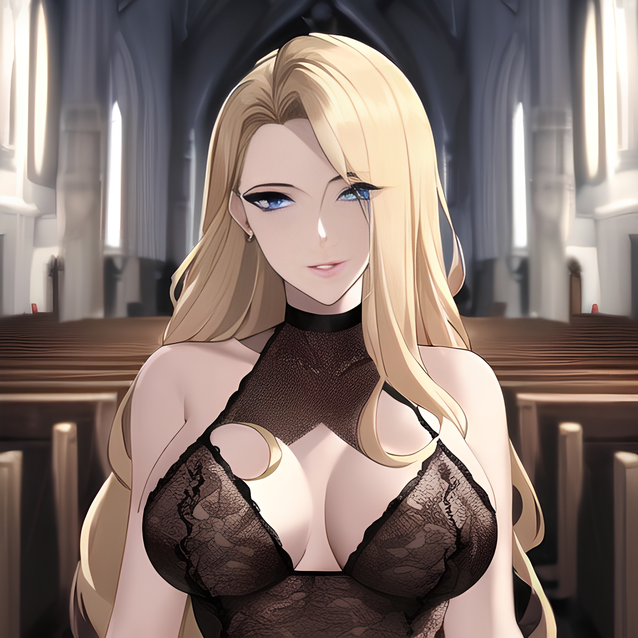 long hair small boobs woman church front view fishnet blonde nude 