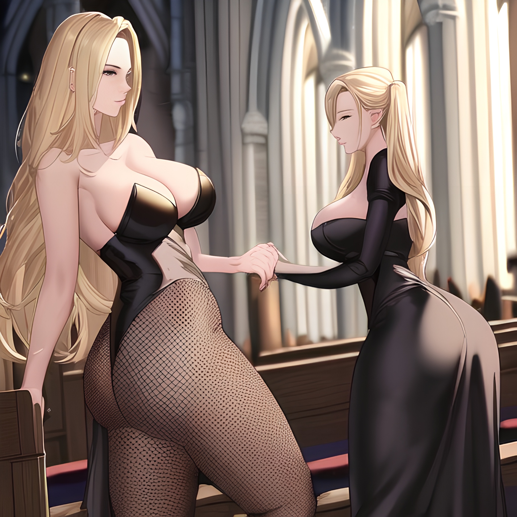 long hair small boobs woman nude front view blonde church fishnet 